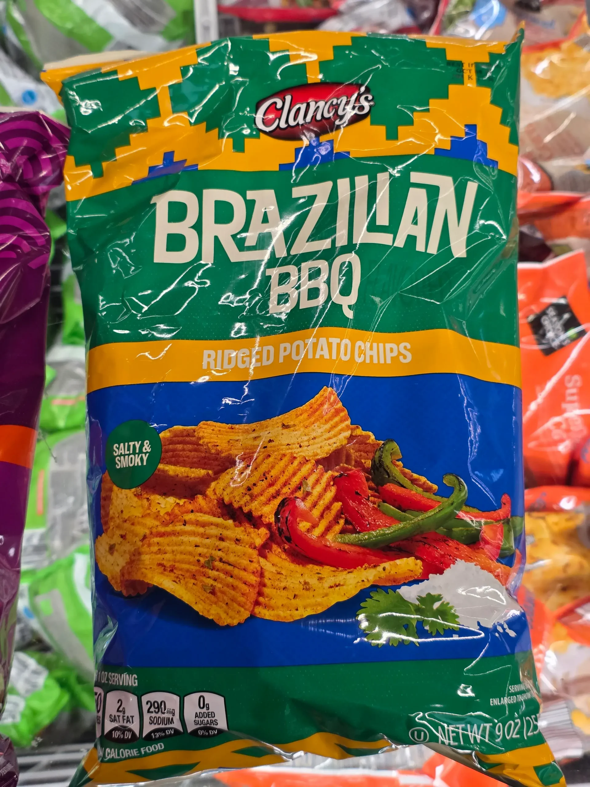 Clancy's Brazilian BBQ Flavored Ridged Potato Chips.