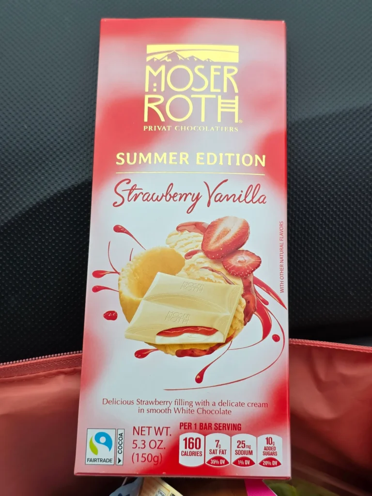 Moser Roth Summer Edition Strawberry Vanilla White Chocolate Bar.