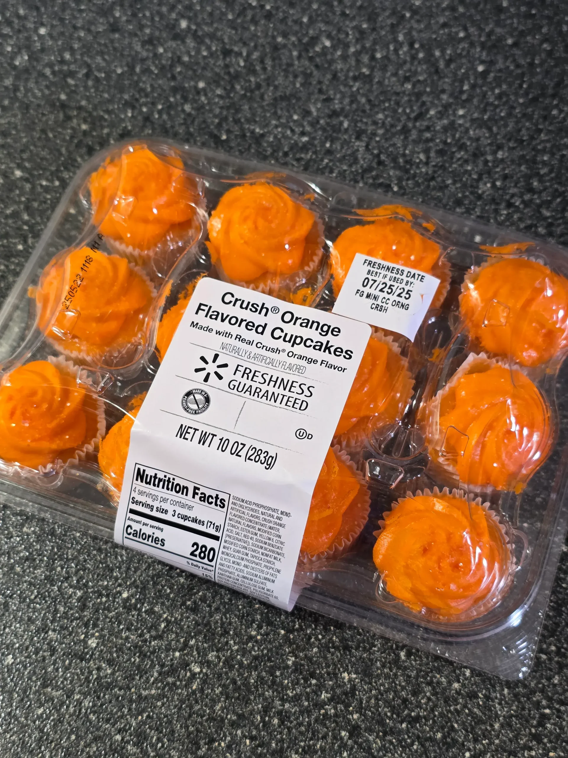 Walmart Freshness Guaranteed Crush Orange Flavored Cupcakes.