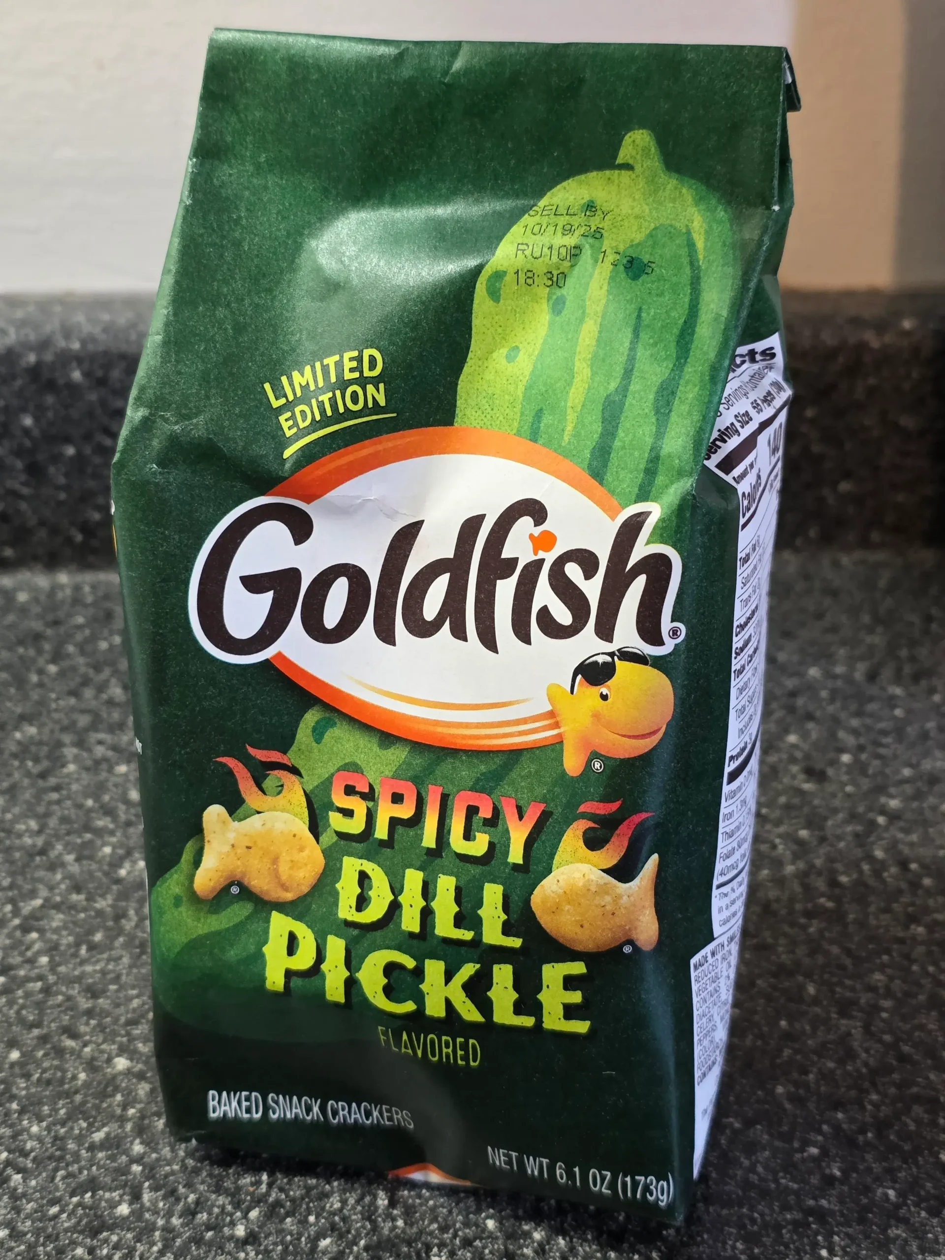 Goldfish Spicy Dill Pickle Flavored Crackers Bag.