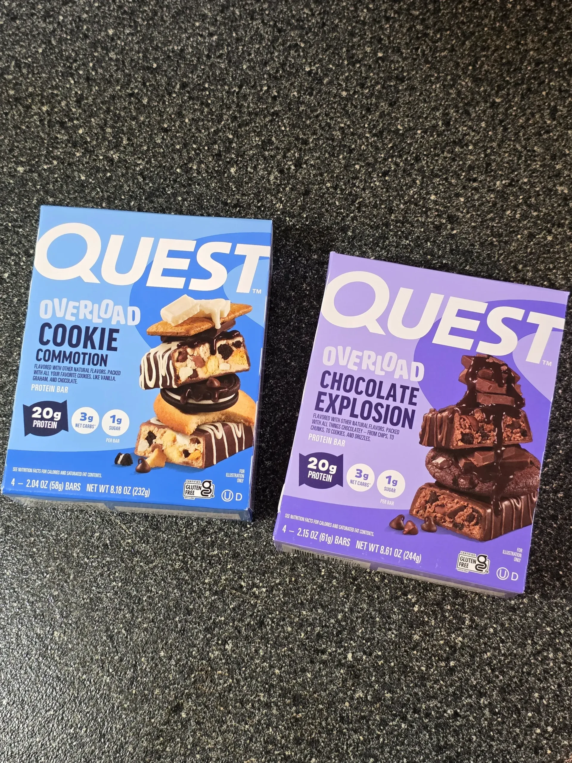 Quest Overload Cookie Commotion and Chocolate Explosion Protein Bar.