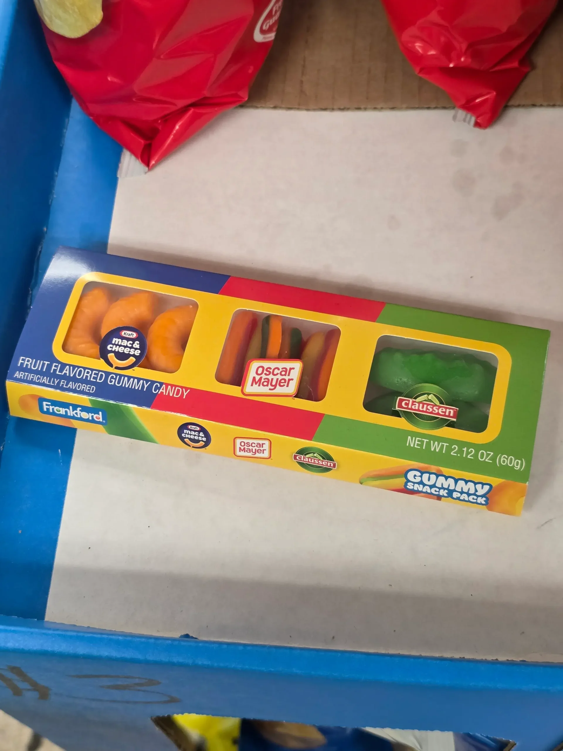 Frankford Gummy Snack Pack: Kraft Mac & Cheese, Oscar Mayer, and Claussen.