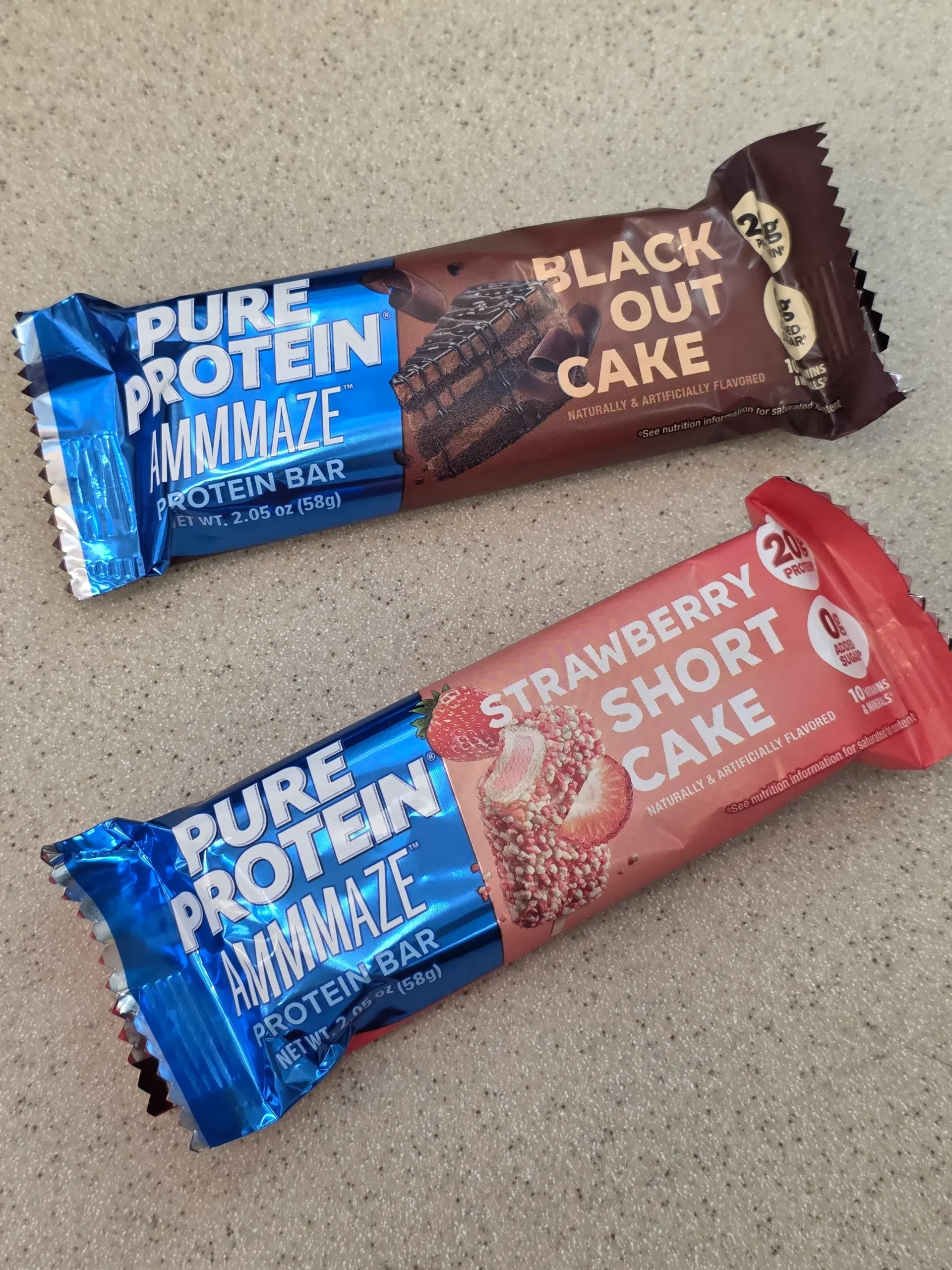 Pure Protein Ammaze Bar: Black Out Cake and Strawberry Short Cake.