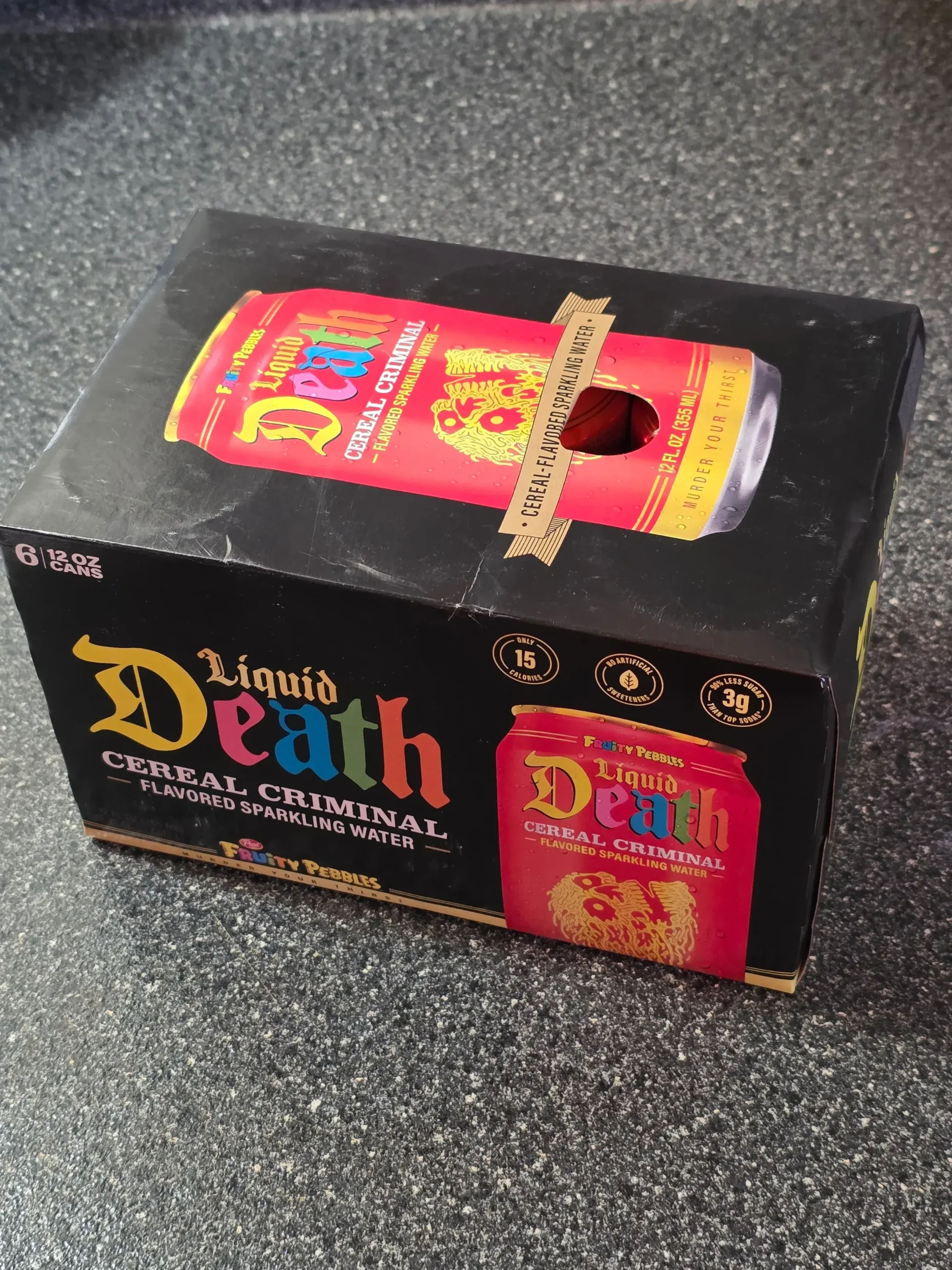 Liquid Death Cereal Criminal Fruity Pebbles Flavored Sparkling Water.
