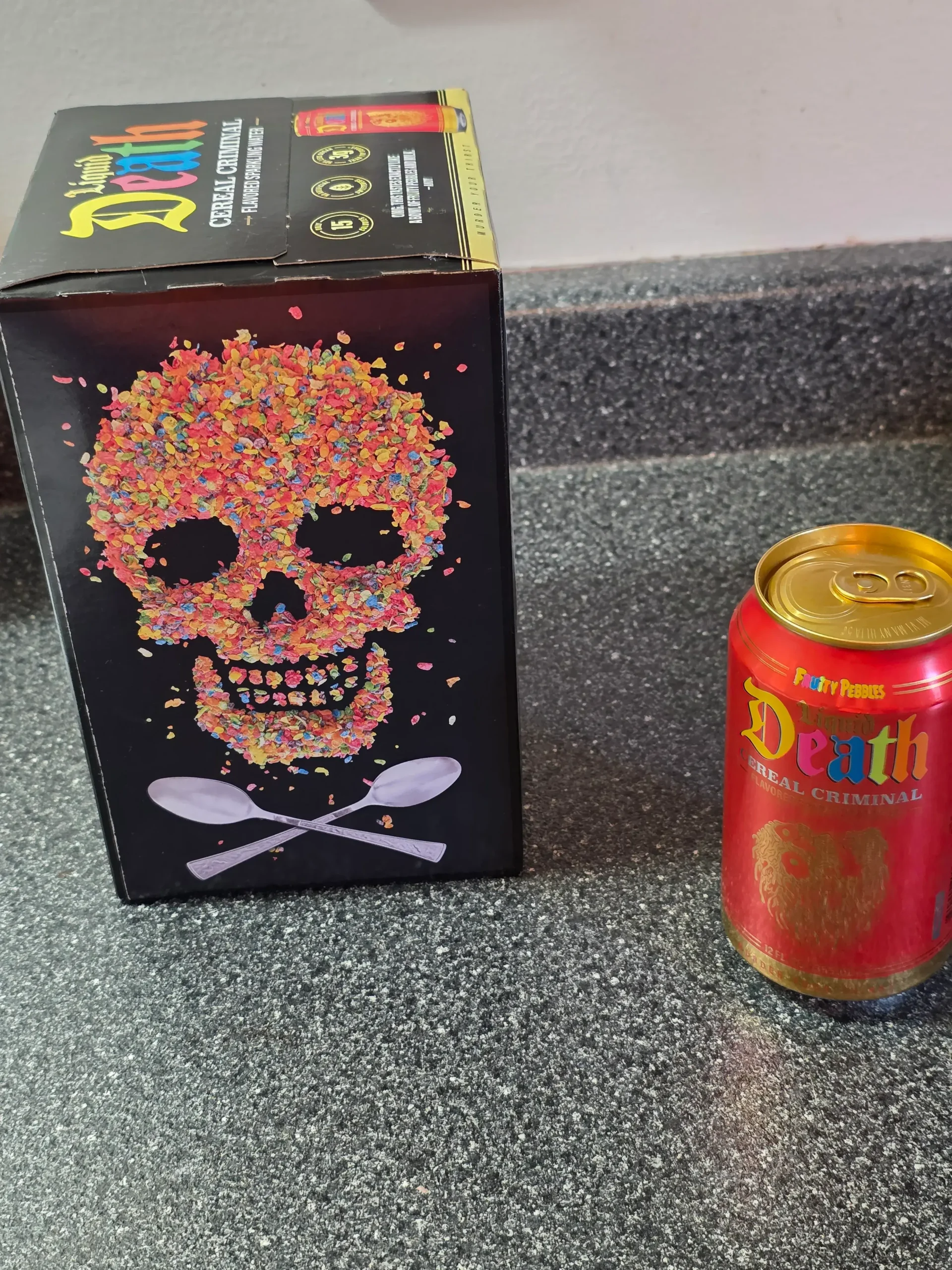 Liquid Death Cereal Criminal Fruity Pebbles Flavored Sparkling Water.