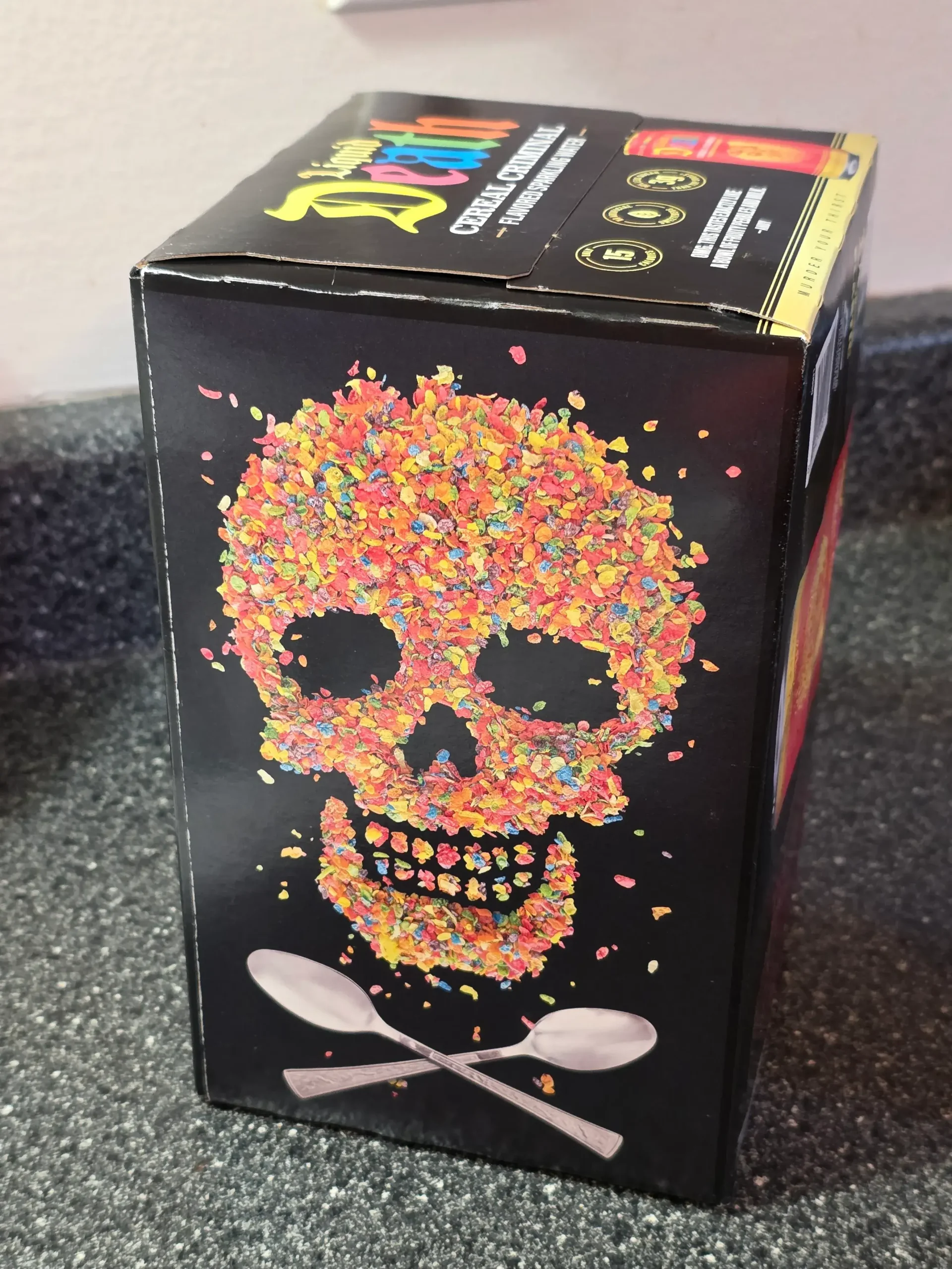 Liquid Death Cereal Criminal Fruity Pebbles Flavored Sparkling Water.