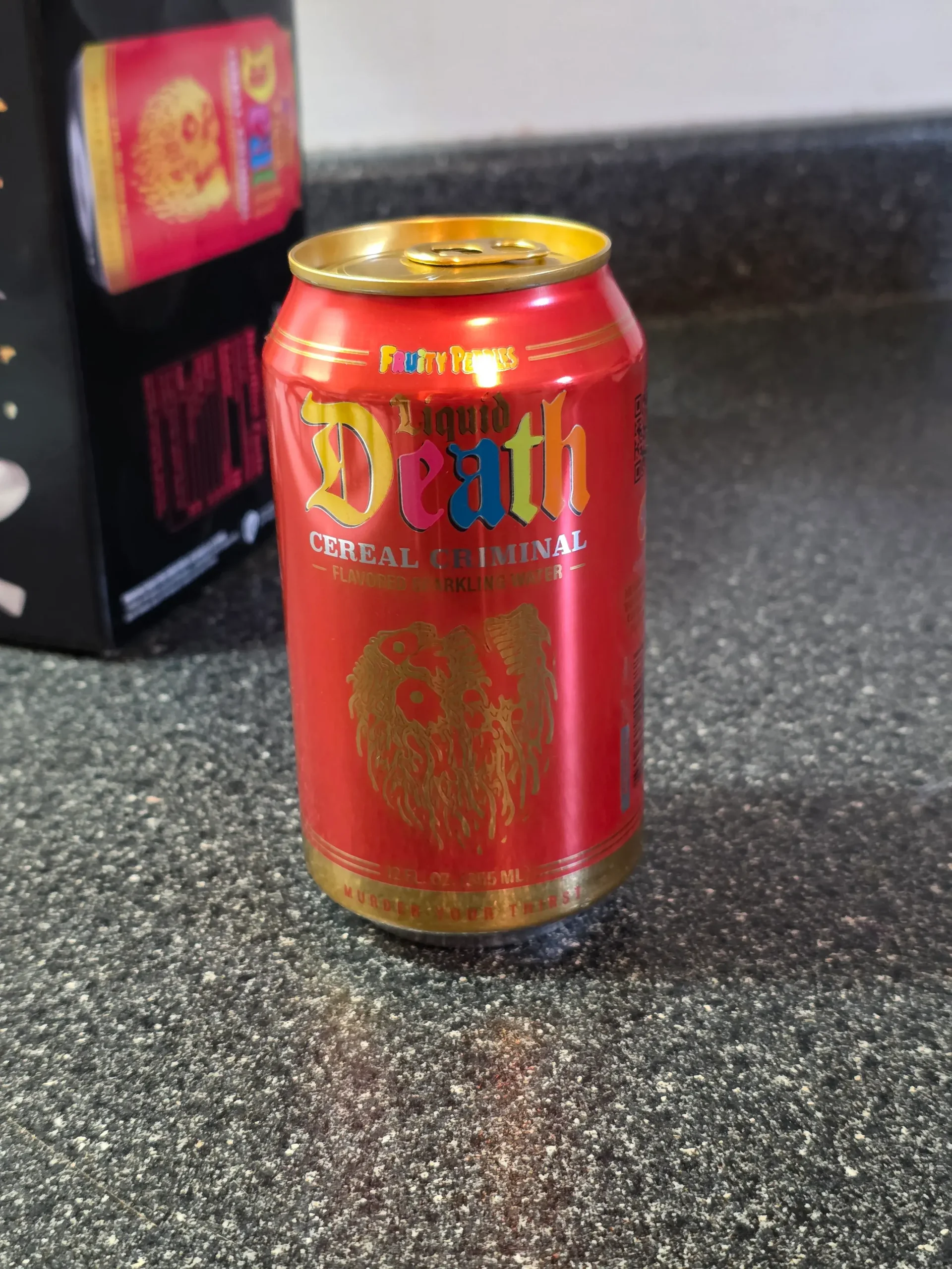 Liquid Death Cereal Criminal Fruity Pebbles Flavored Sparkling Water.