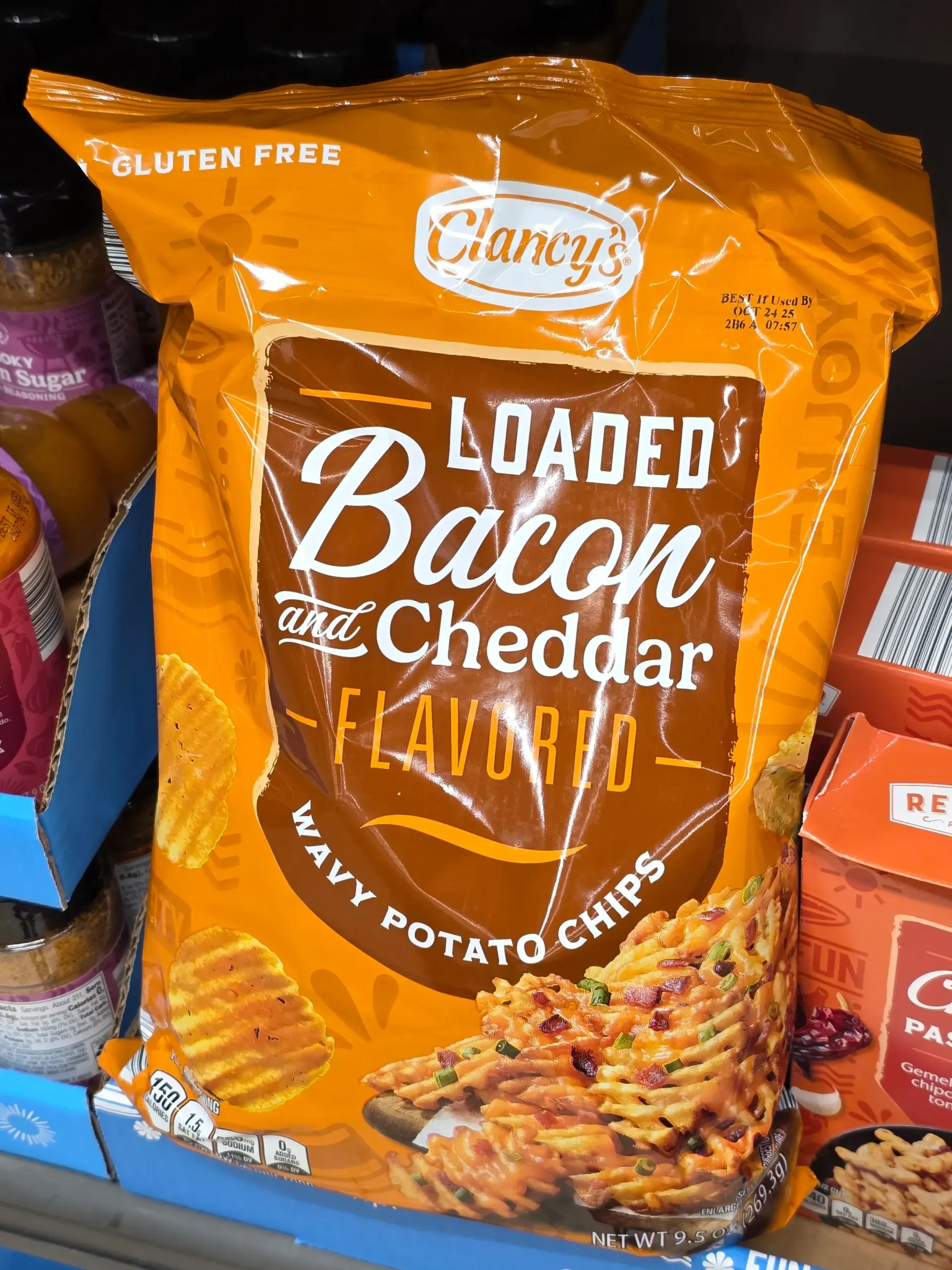 Clancy's Loaded Bacon and Cheddar Flavored Wavy Potato Chips.
