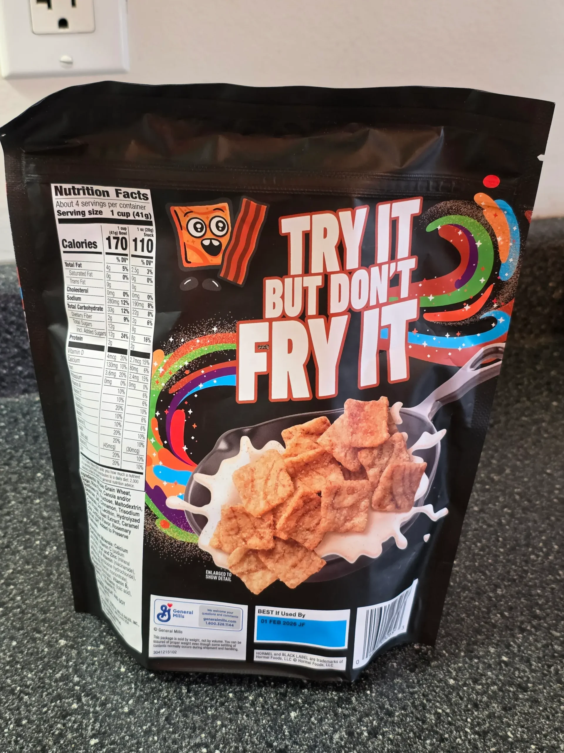 Cinnamon Toast Crunch with Hormel Black Label Bacon Flavor.