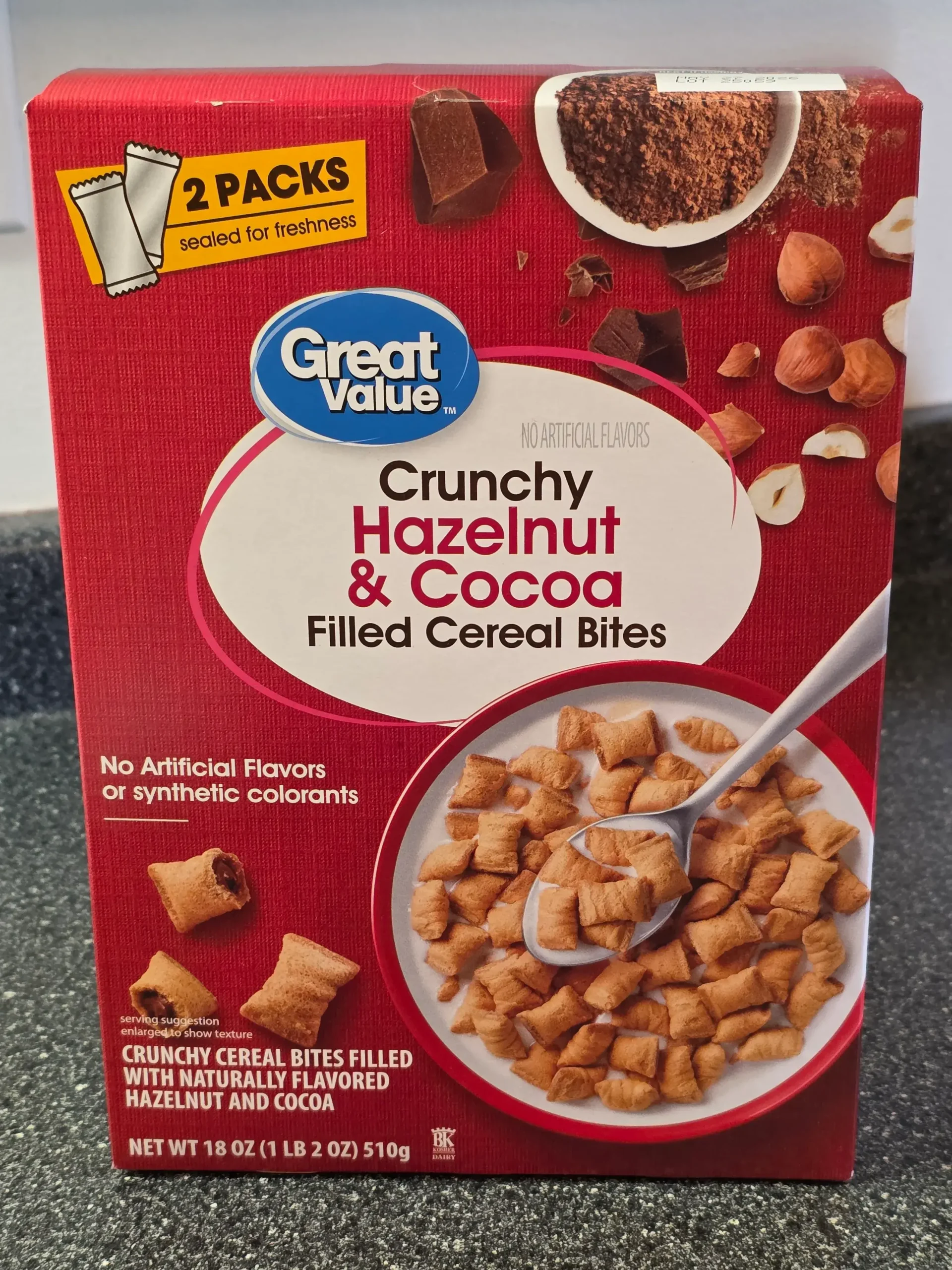 Walmart Great Value Crunchy Hazelnut & Cocoa Filled Cereal Bites.
