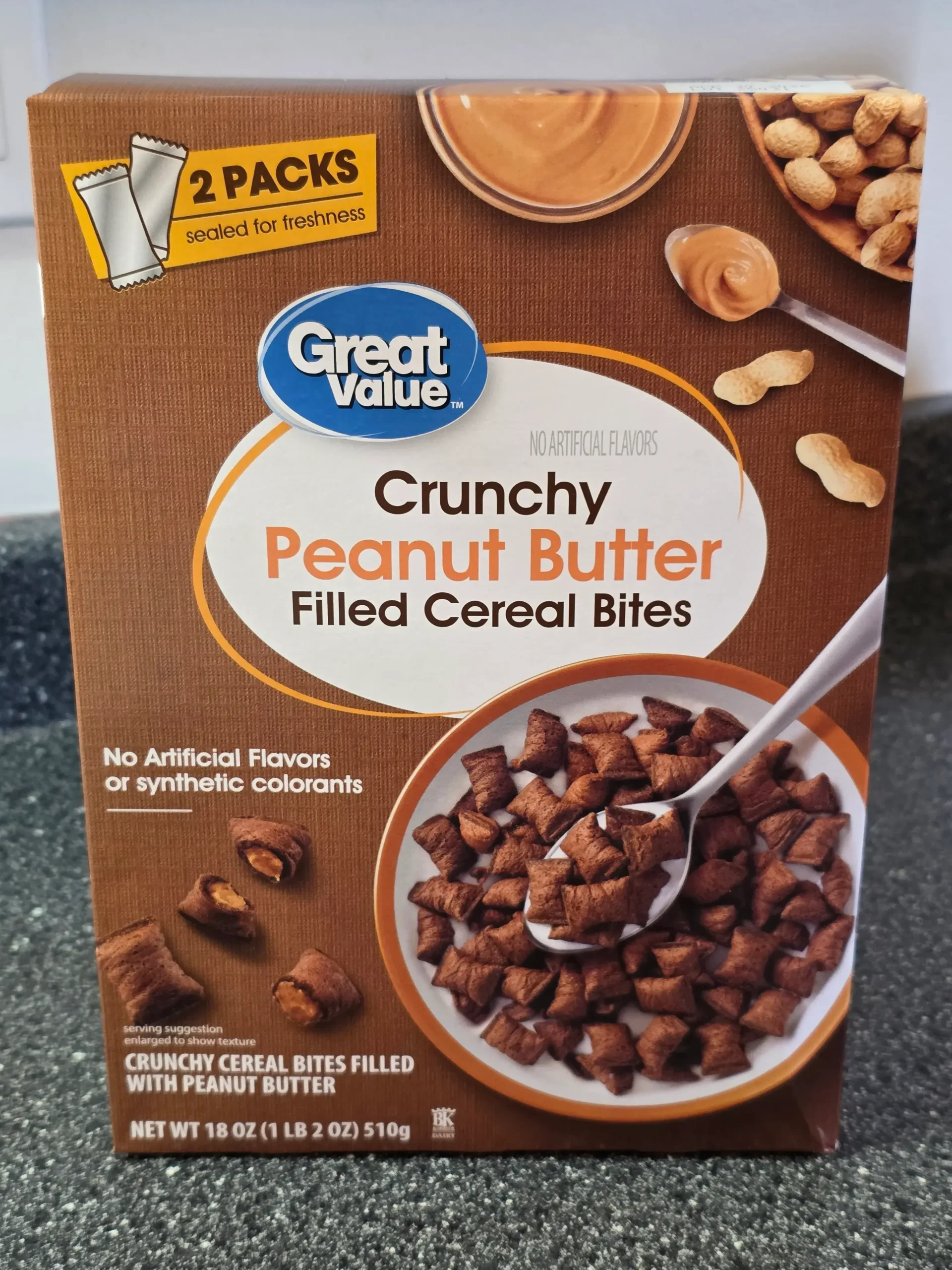 Walmart Great Value Crunchy Peanut Butter Filled Cereal Bites.