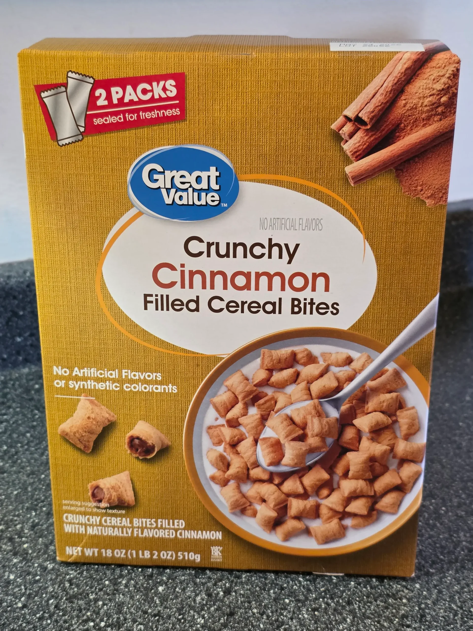 Walmart Great Value Crunchy Cinnamon Filled Cereal Bites.