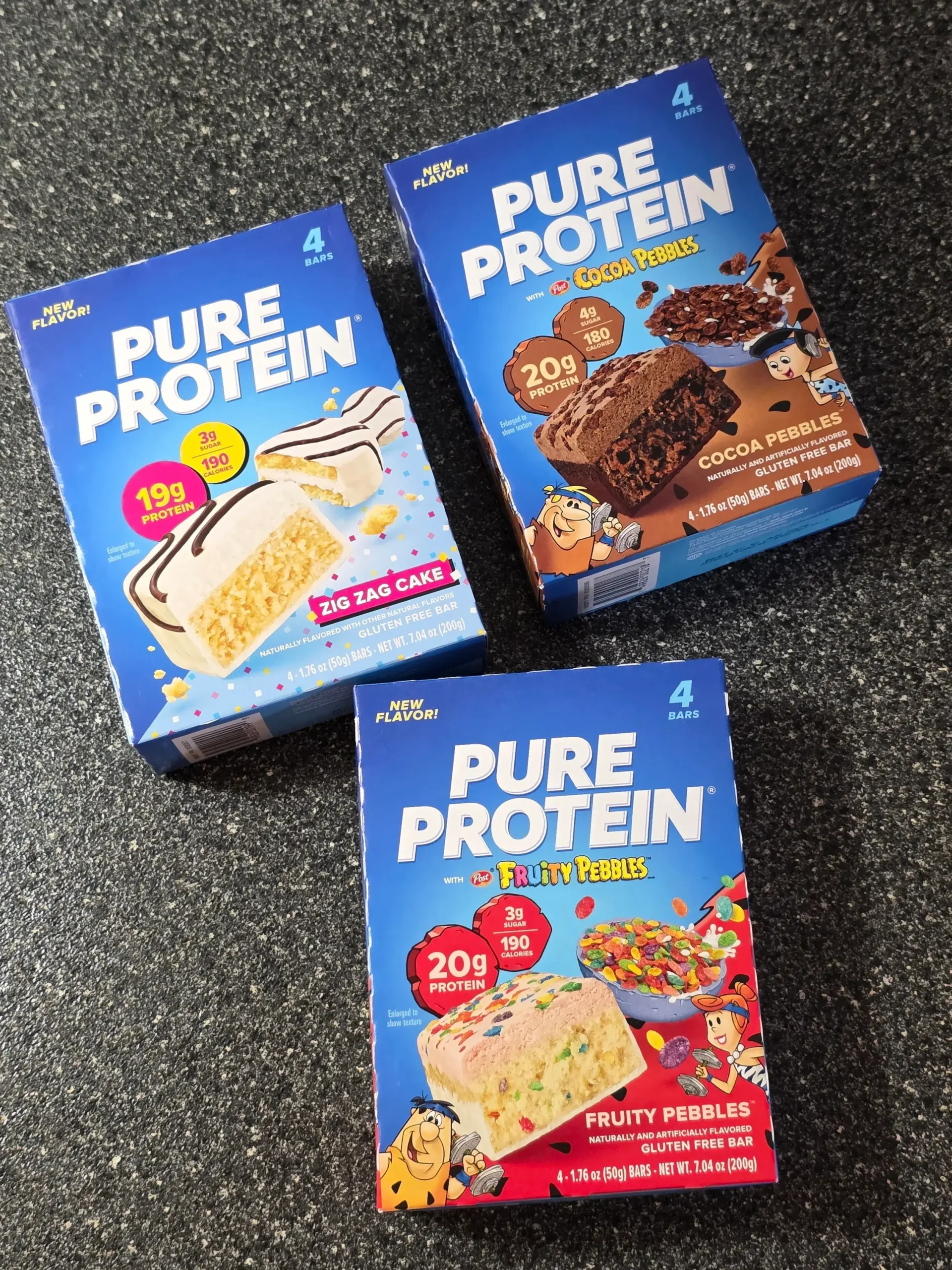 Pure Protein Cocoa Pebbles, Fruity Pebbles, Zig Zag Cake.