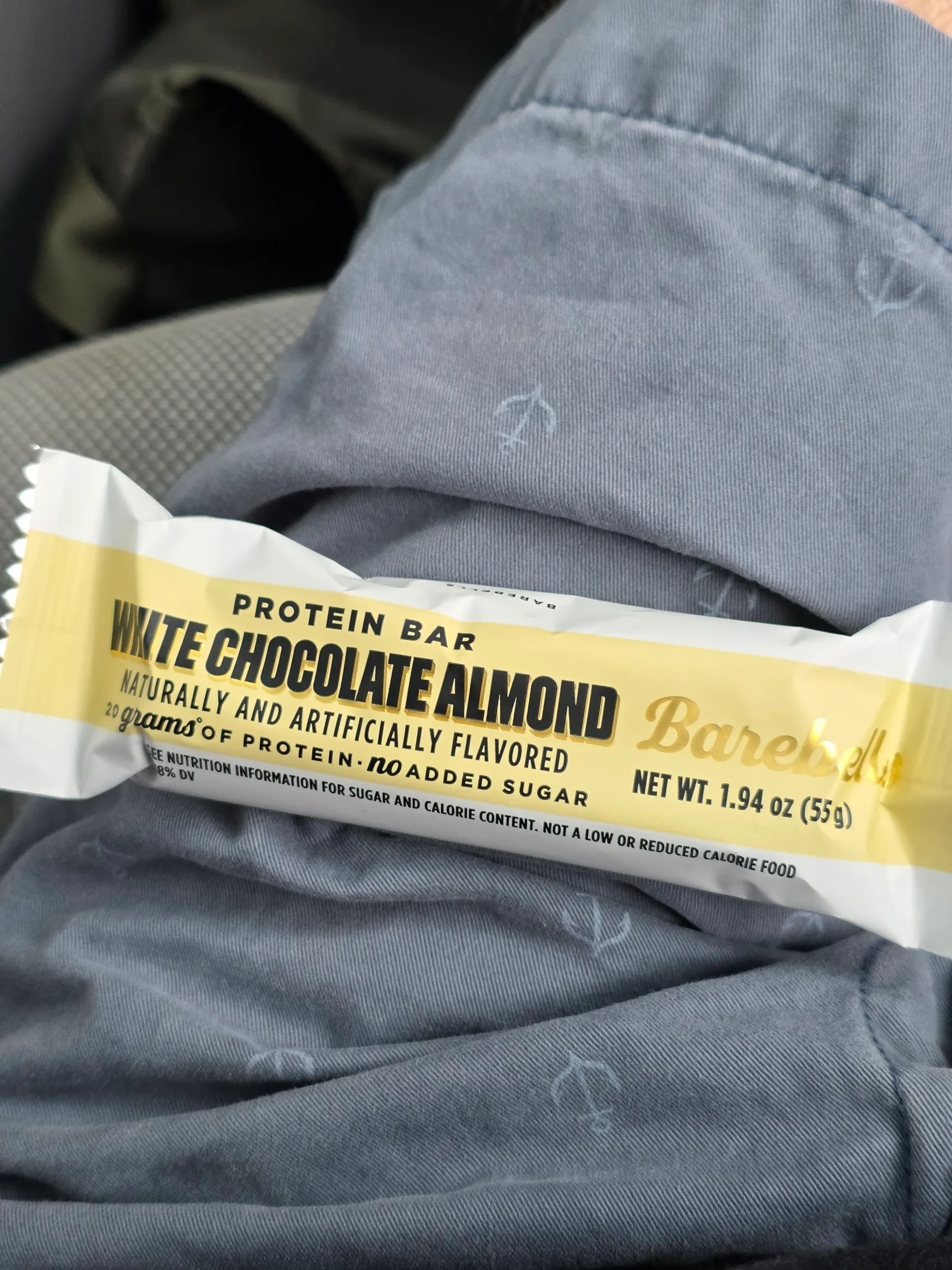 Barebells White Chocolate Almond Protein Bar.