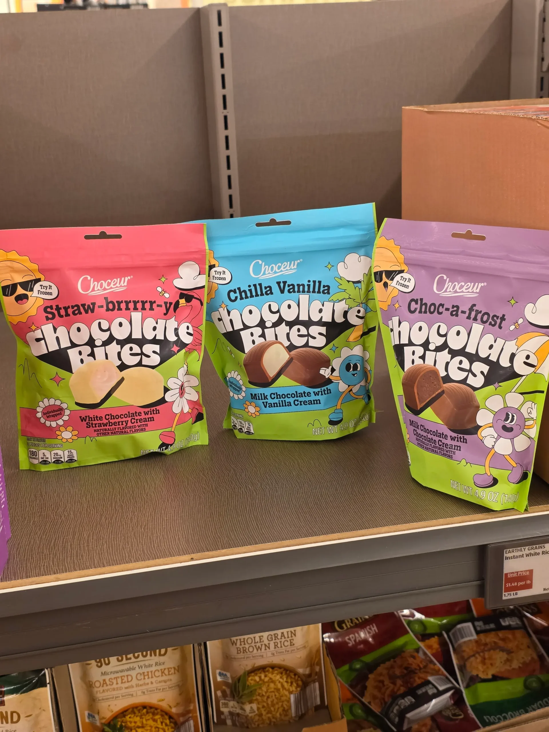 Choceur Chocolate Bites: Straw-brrrrr-y White Chocolate with Strawberry Cream, Chilla Vanilla Milk Chocolate with Vanilla Cream, and Choc-a-Frost Milk Chocolate with Chocolate Cream.