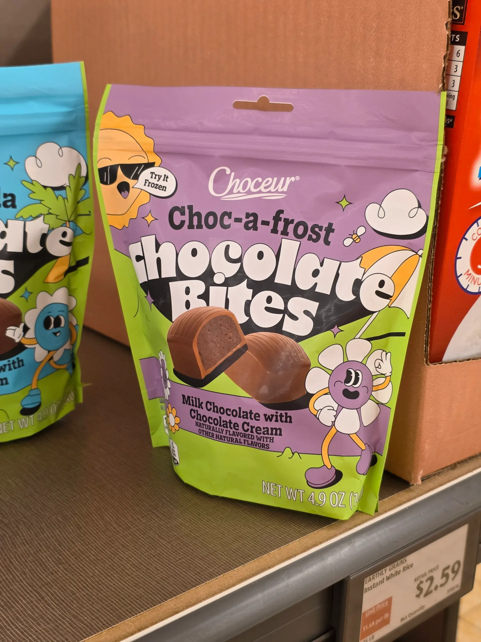 Choceur Chocolate Bites: Straw-brrrrr-y White Chocolate with Strawberry Cream, Chilla Vanilla Milk Chocolate with Vanilla Cream, and Choc-a-Frost Milk Chocolate with Chocolate Cream.