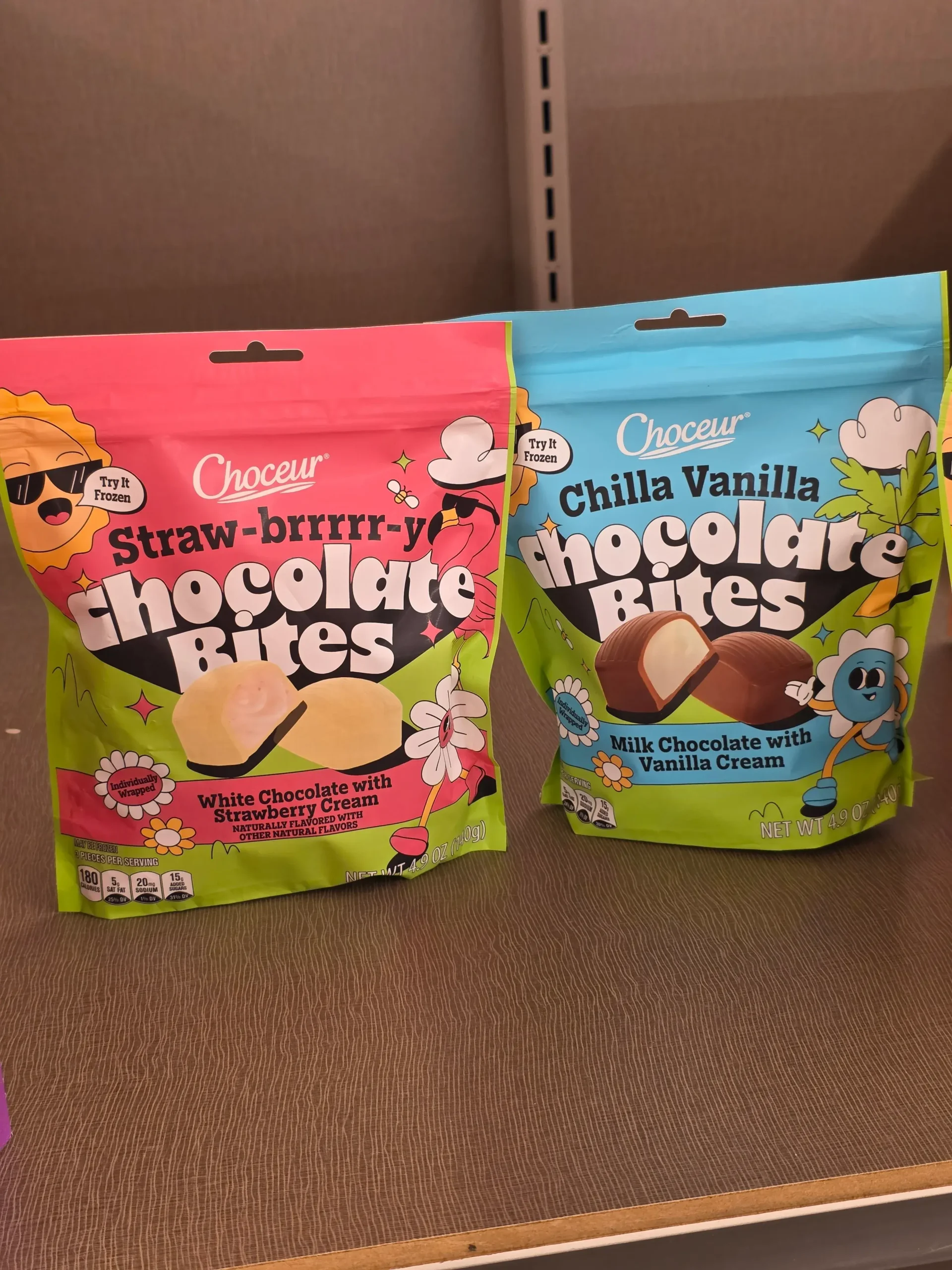 Choceur Chocolate Bites: Straw-brrrrr-y White Chocolate with Strawberry Cream, Chilla Vanilla Milk Chocolate with Vanilla Cream, and Choc-a-Frost Milk Chocolate with Chocolate Cream.