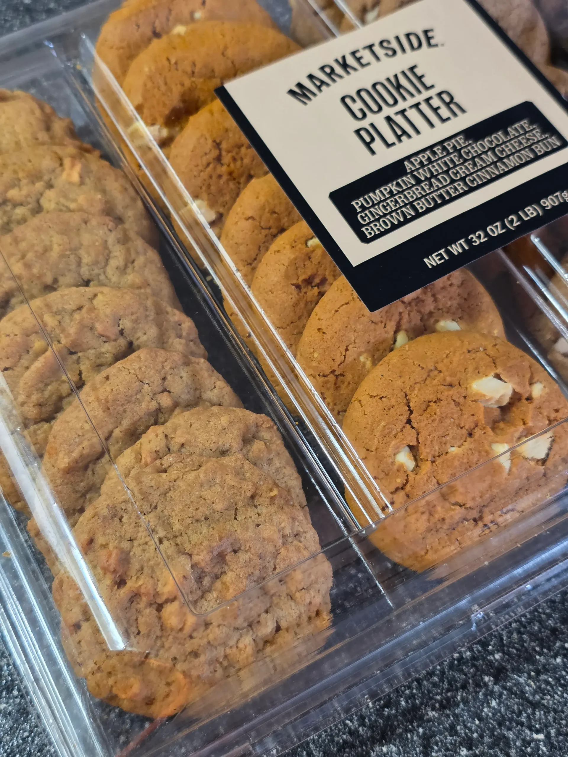 Walmart Marketside Cookie Platter: Apple Pie, Pumpkin White Chocolate, Gingerbread Cream Cheese, and Brown Butter Cinnamon Roll.