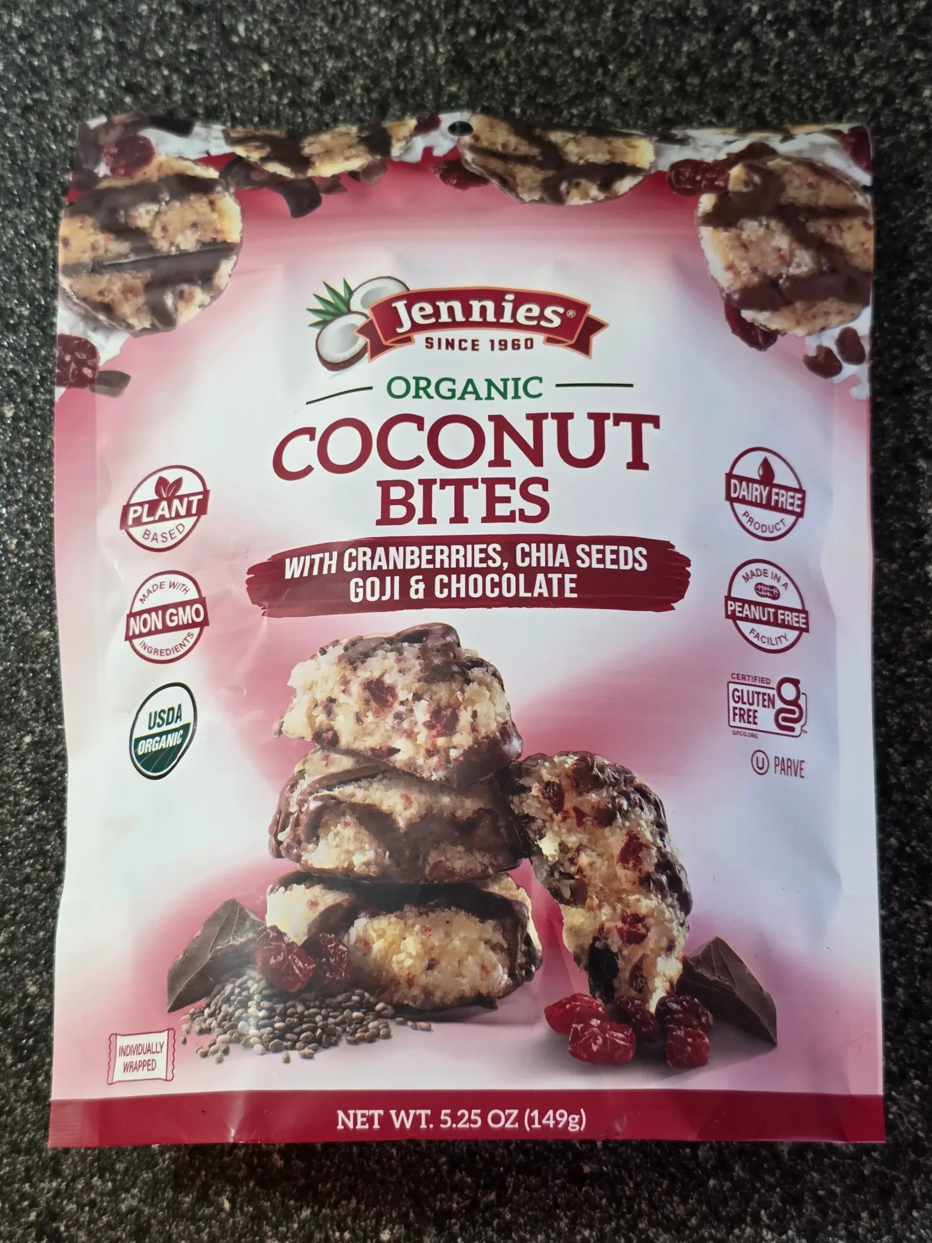 Jennies Coconut Bites with Cranberries, Chia Seeds, Goji & Chocolate.