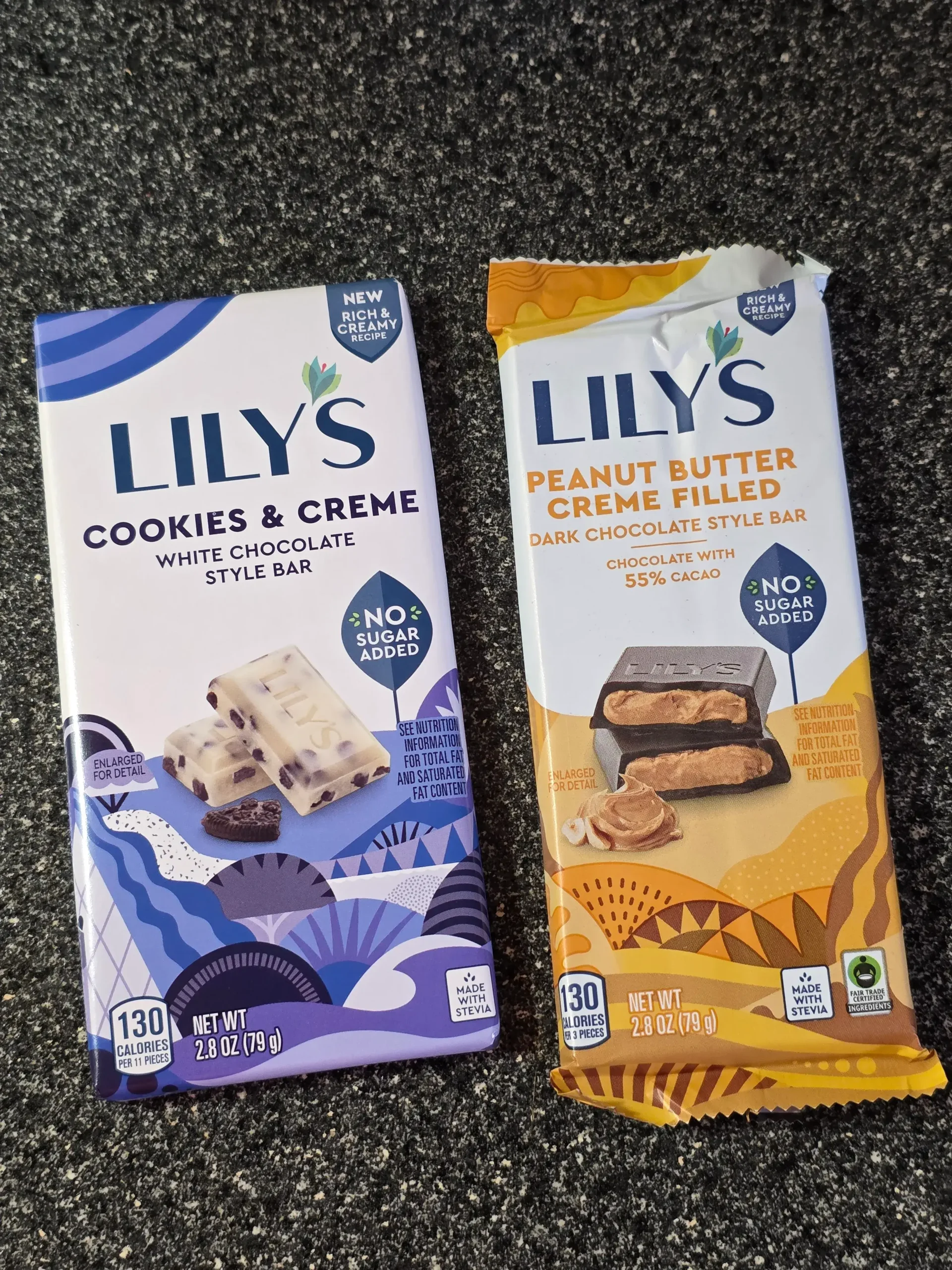 Lily's Peanut Butter Creme Filled 55% Cacao Bar and Cookies & Creme White Chocolate Style Bar.