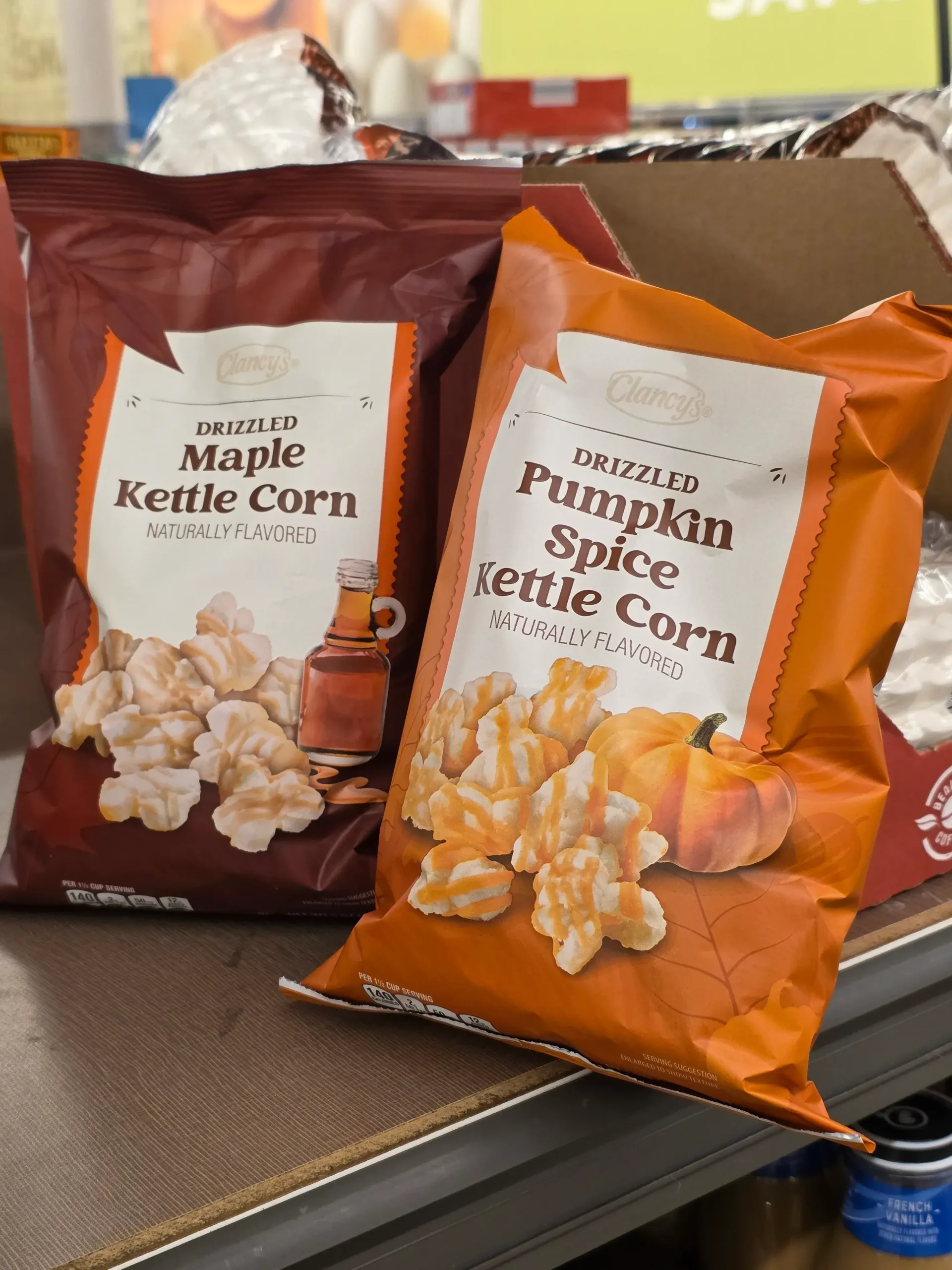Clancy's Drizzled Pumpkin Spice and Maple Spice Kettle Corn.