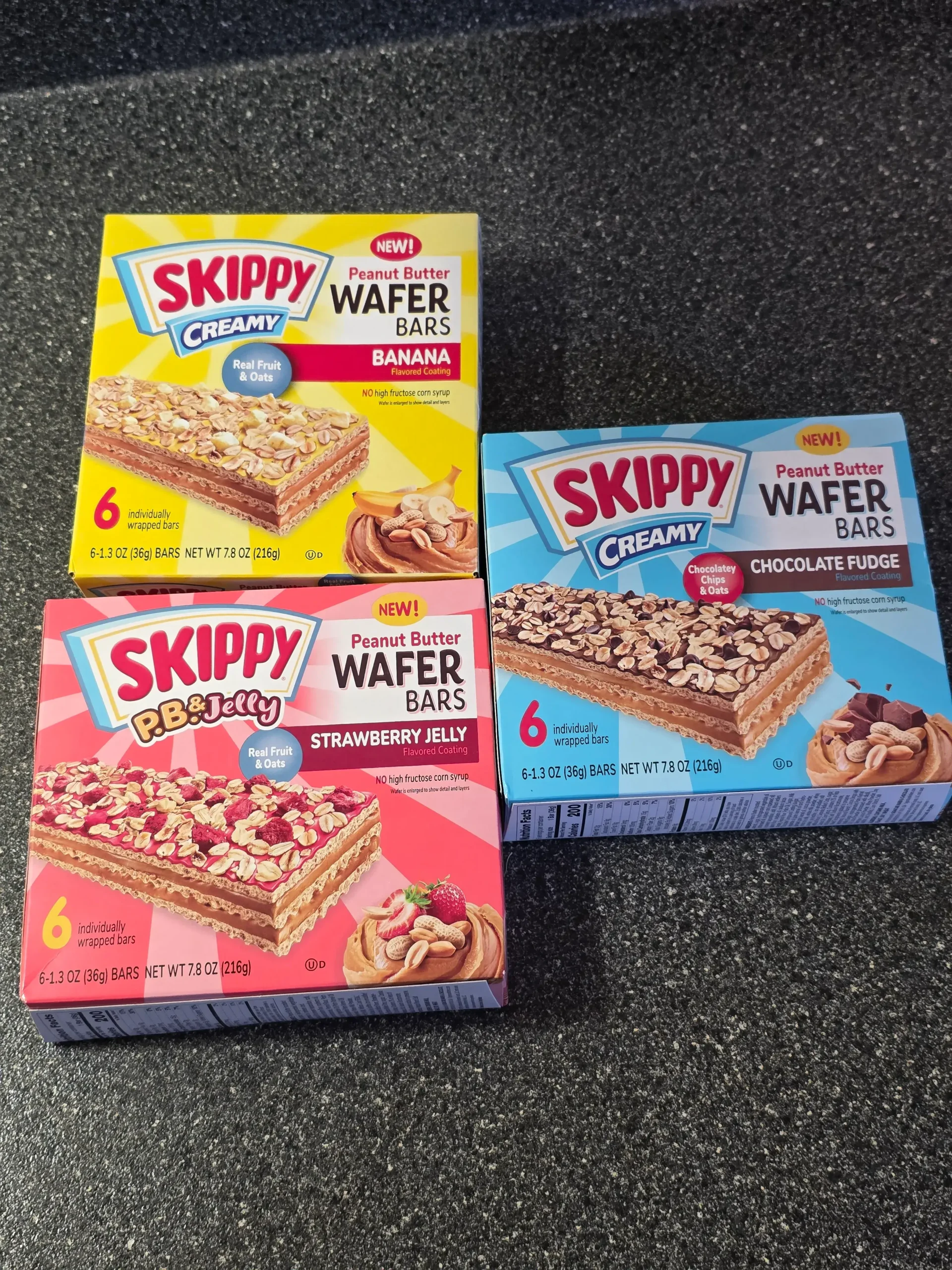 Skippy Wafer Bars: Creamy Peanut Butter Chocolate Fudge, Creamy Peanut Butter Banana, P.B. & Jelly Strawberry Jelly.