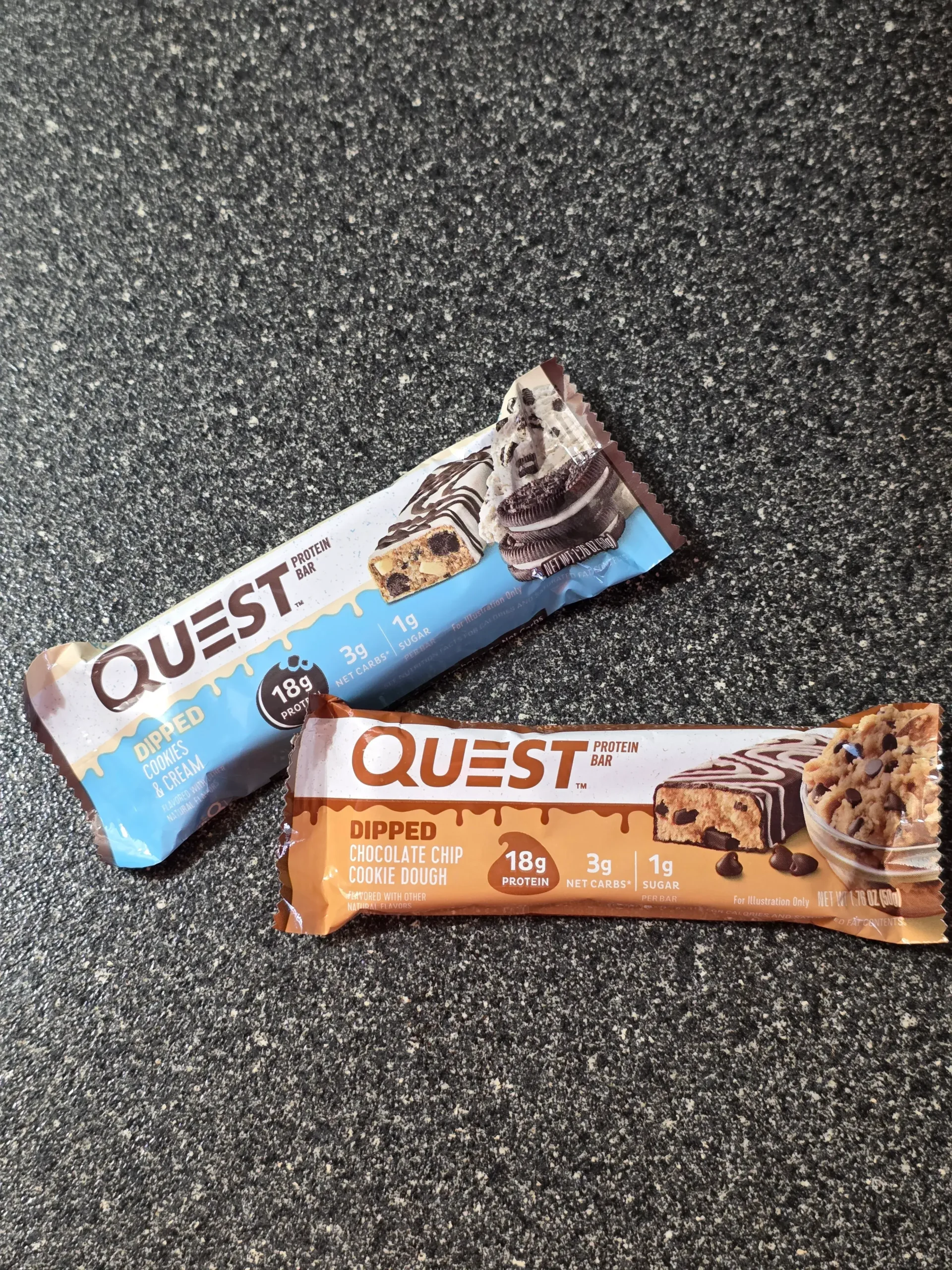 Quest Dipped Protein Bar: Cookies & Cream and Chocolate Chip Cookie Dough.