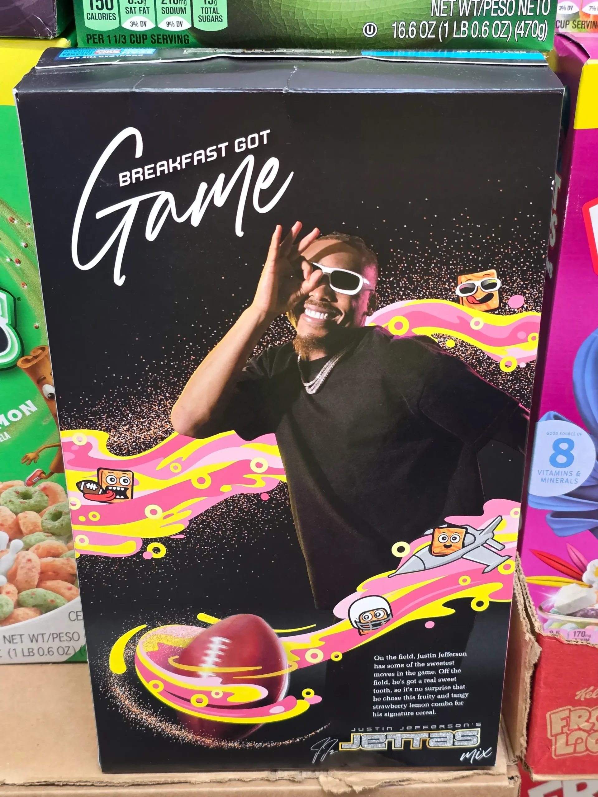 General Mills Justin Jefferson's Jettas Cereal Mix: Frosted Lemon Cheerios and Strawberry Cinnamon Toast Crunch.