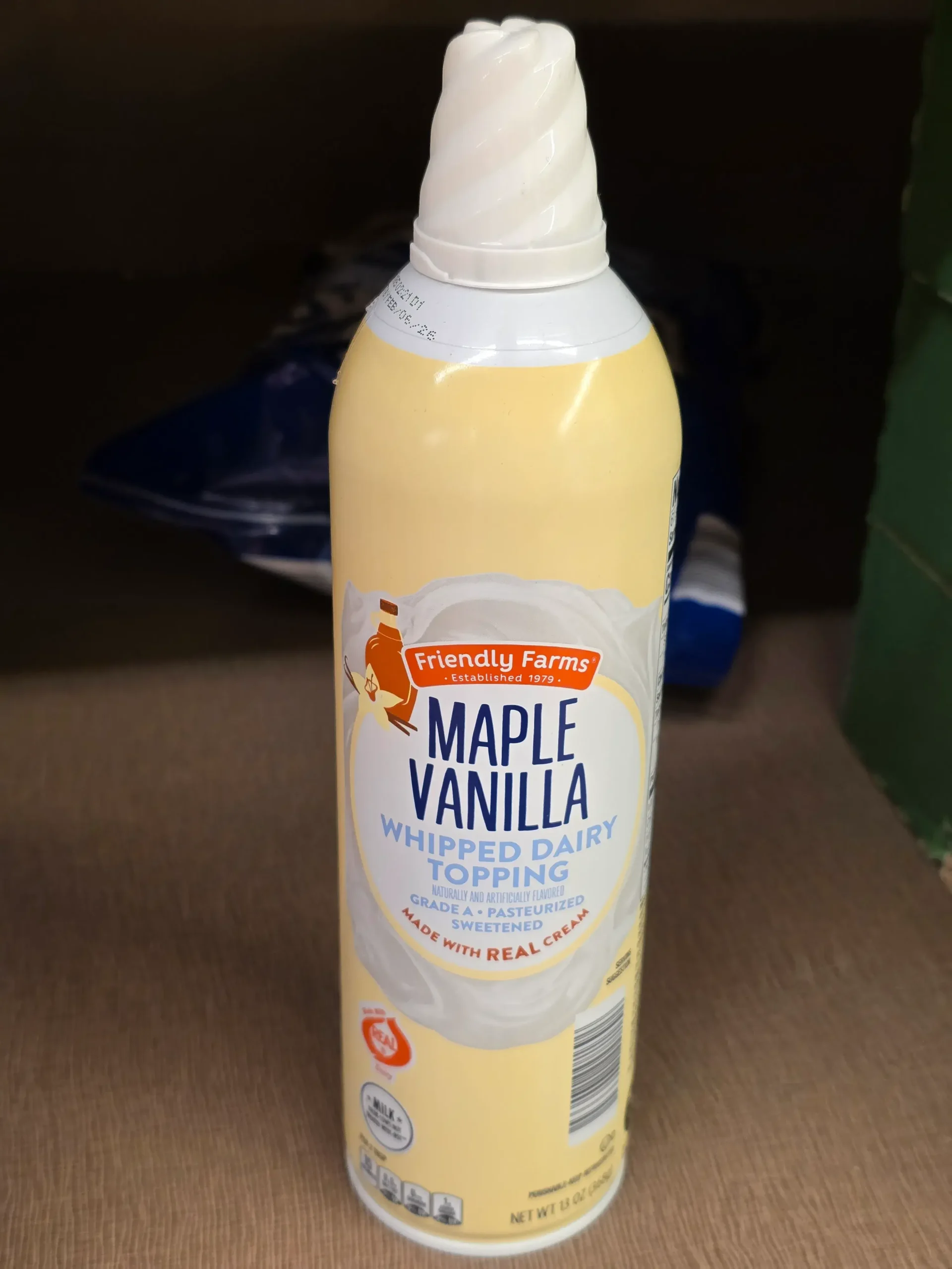Friendly Farms Maple Vanilla Whipped Dairy Topping.