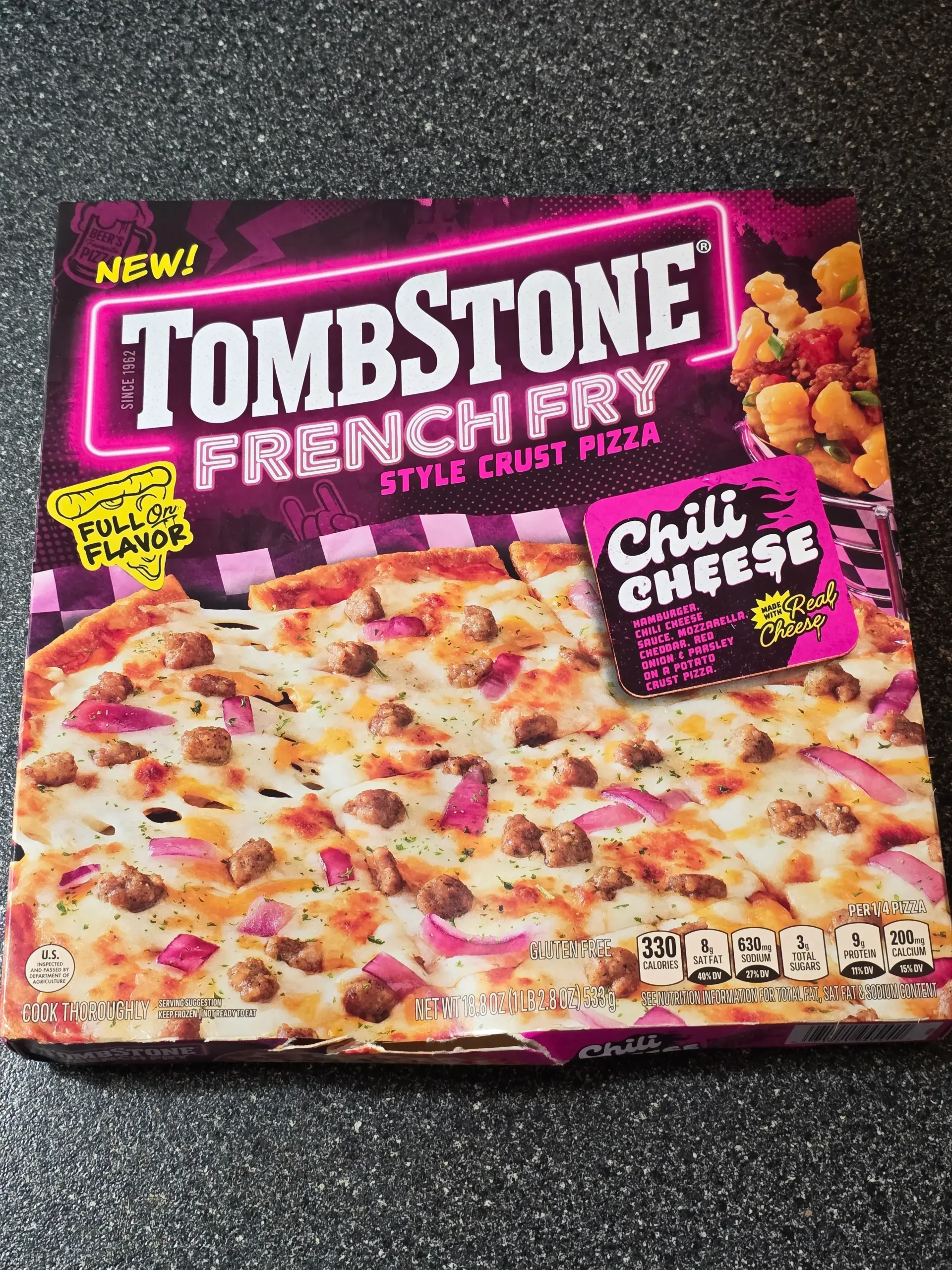 Tombstone Chili Cheese French Fry Style Crust Pizza.