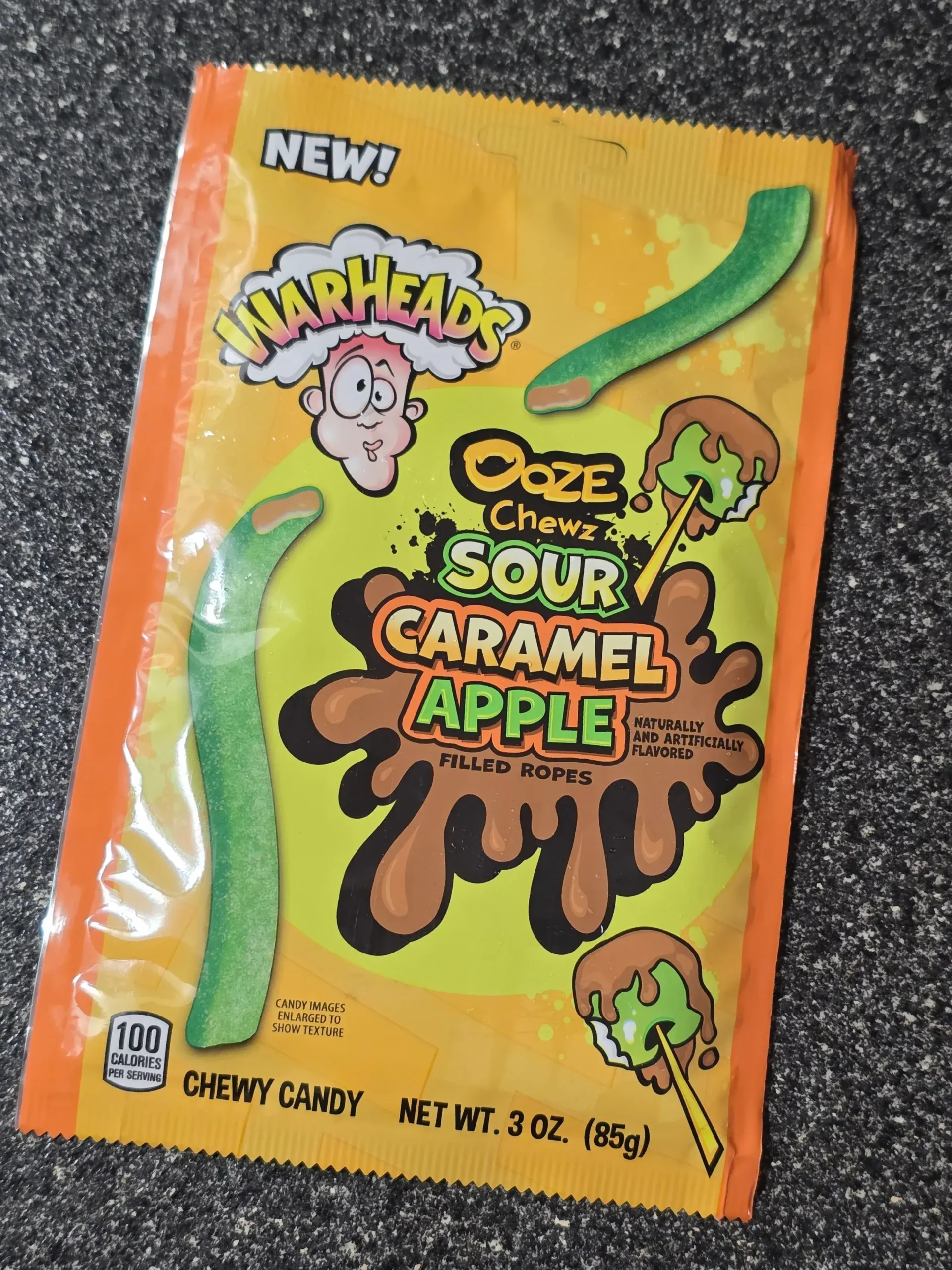 Warheads Ooze Chewz Sour Caramel Apple Filled Ropes.