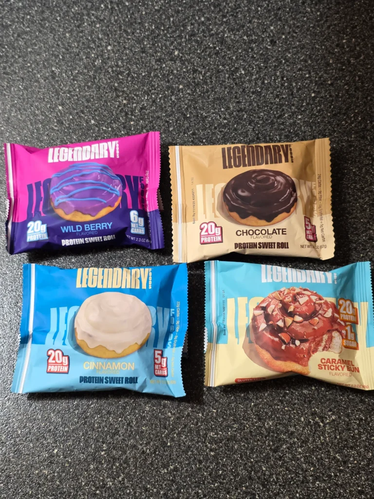 Legendary Foods Protein Sweet Roll: Wild Berry, Chocolate, Cinnamon, and Caramel Sticky Bun.