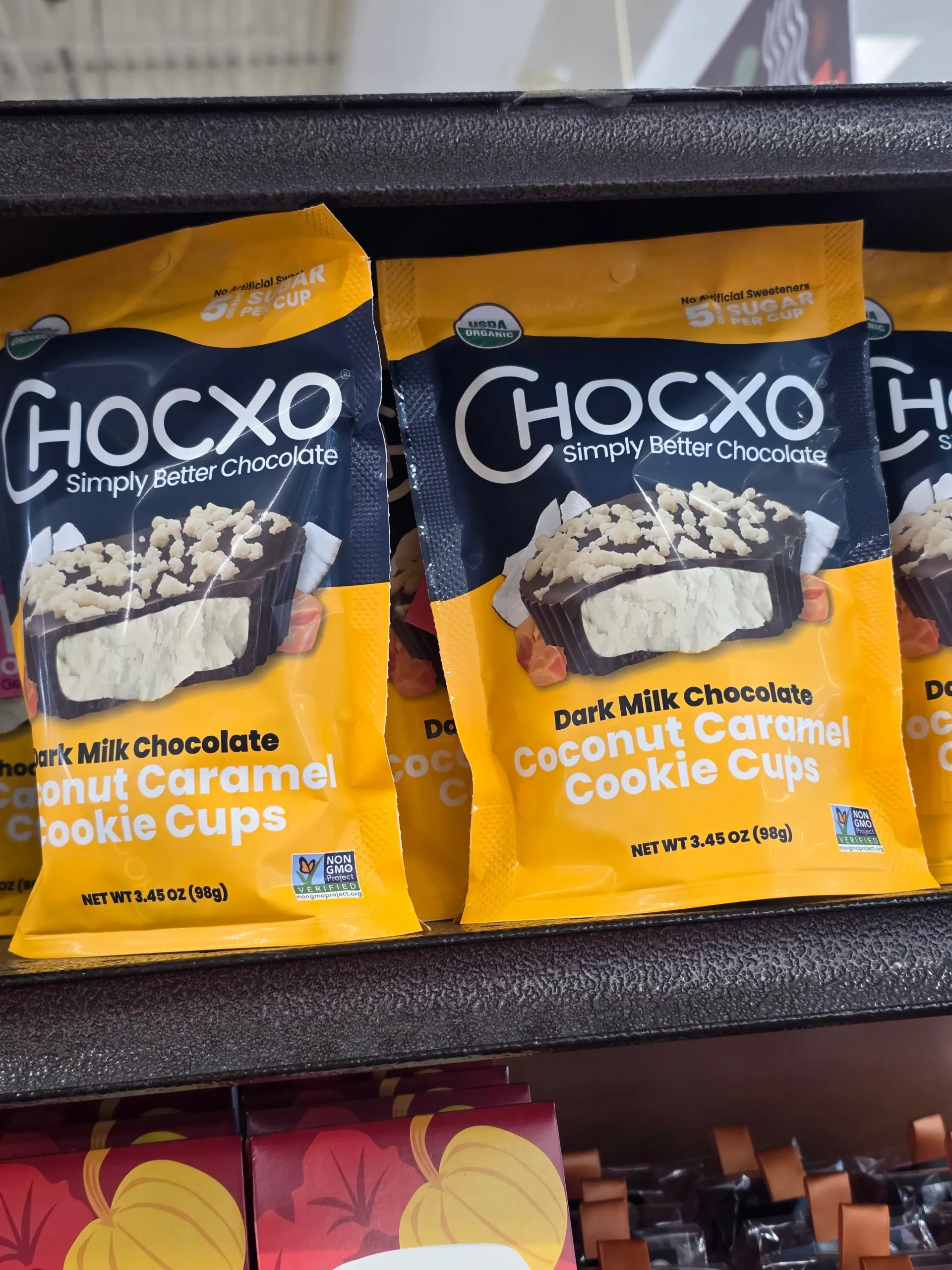 Chocxo Dark Milk Chocolate Coconut Caramel Cookie Cups.