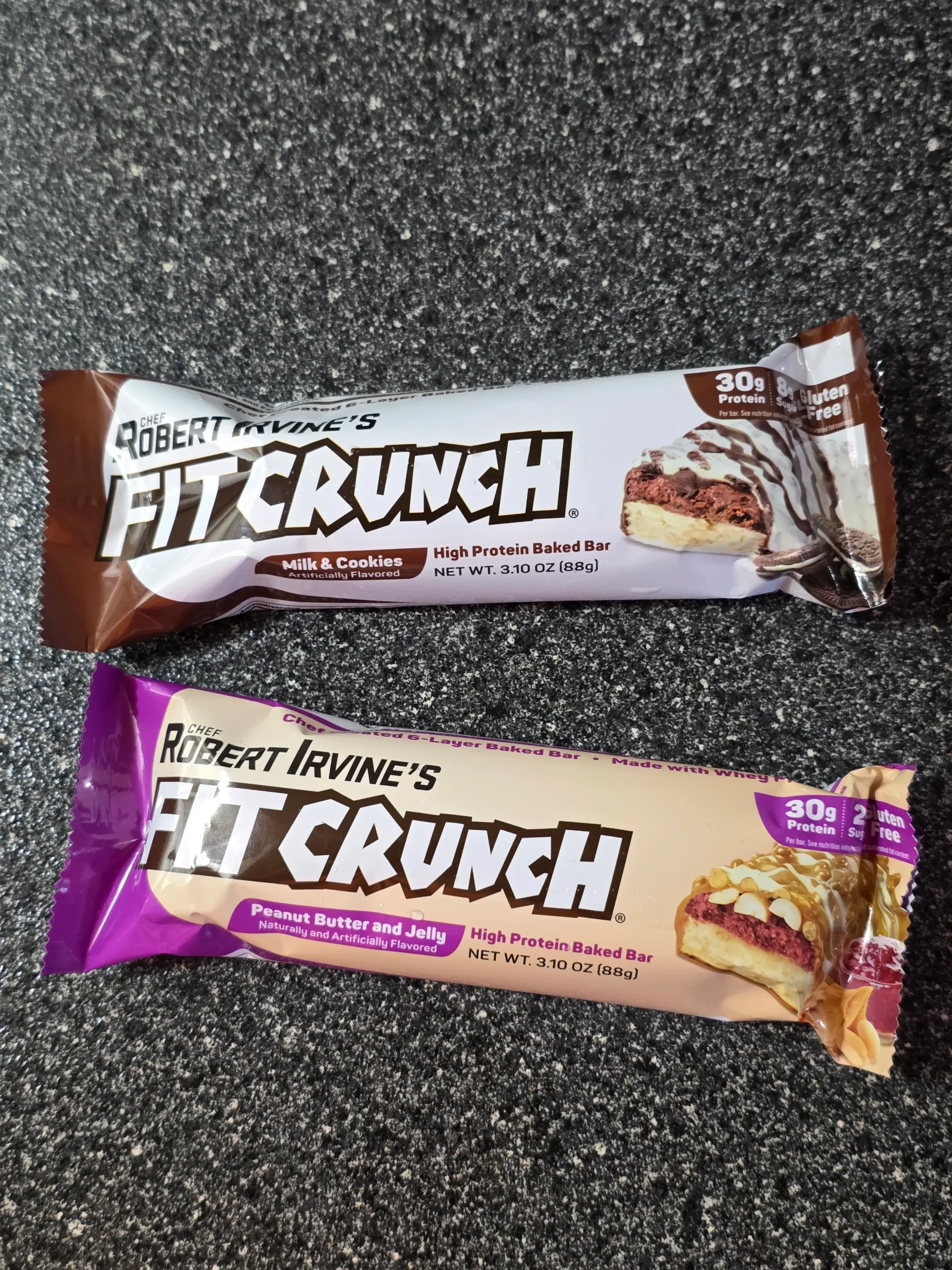 Robert Irvine's FITCRUNCH Milk & Cookies and Peanut Butter and Jelly Baked Protein Bar.