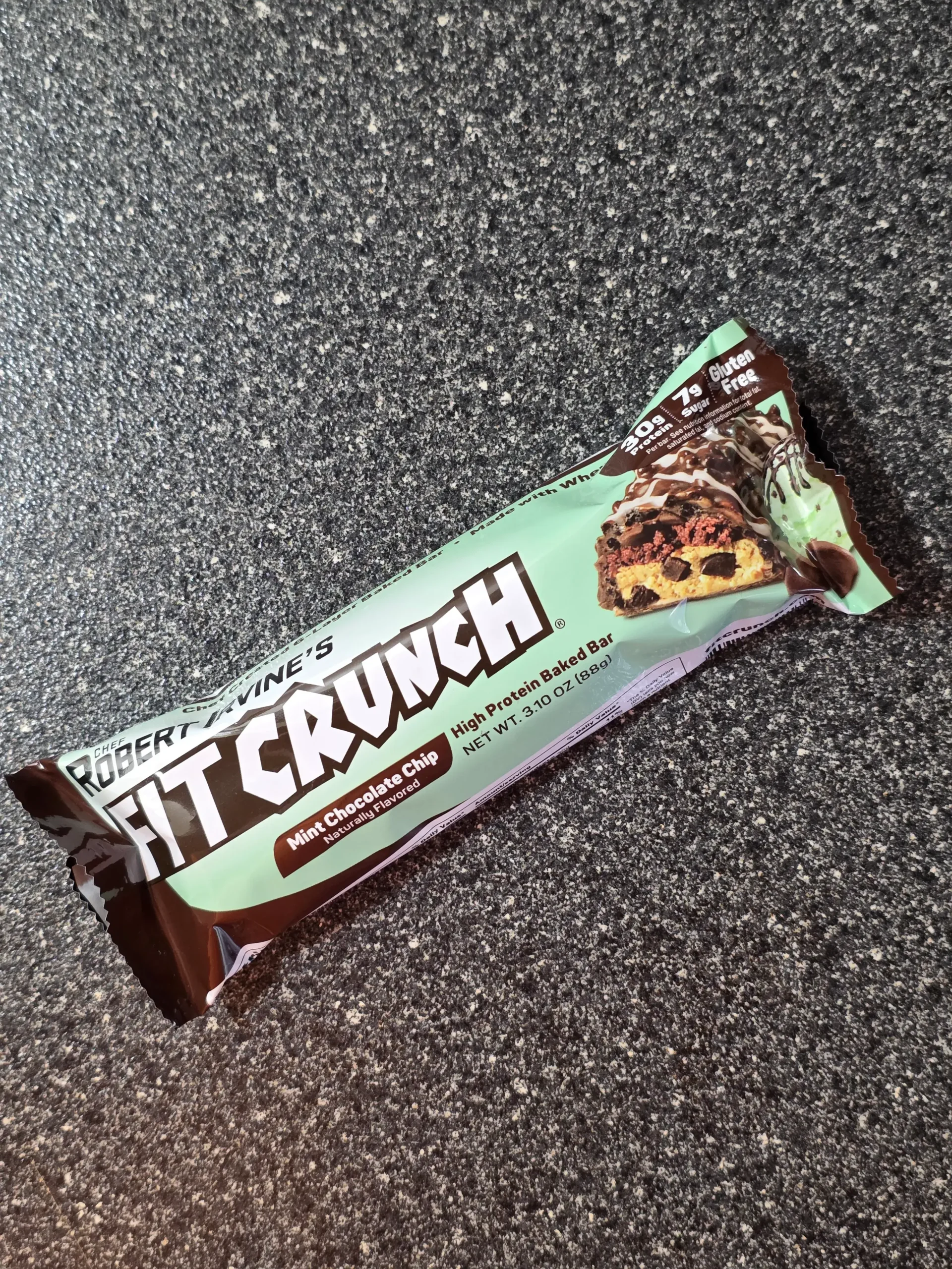 Robert Irvine's FITCRUNCH Mint Chocolate Chip Protein Baked Bar.