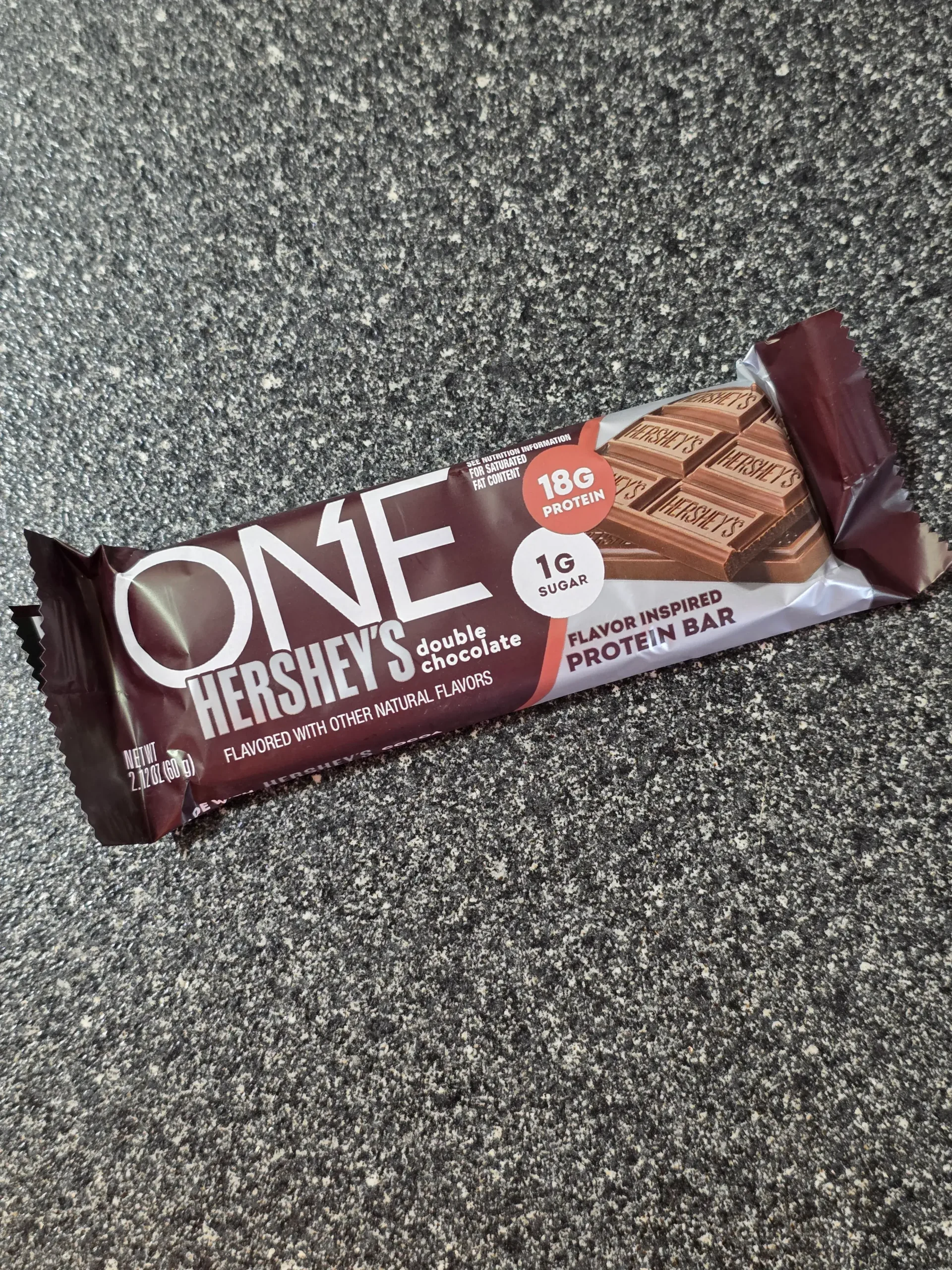 ONE Hershey's Double Chocolate Flavor Inspired Protein Bar.
