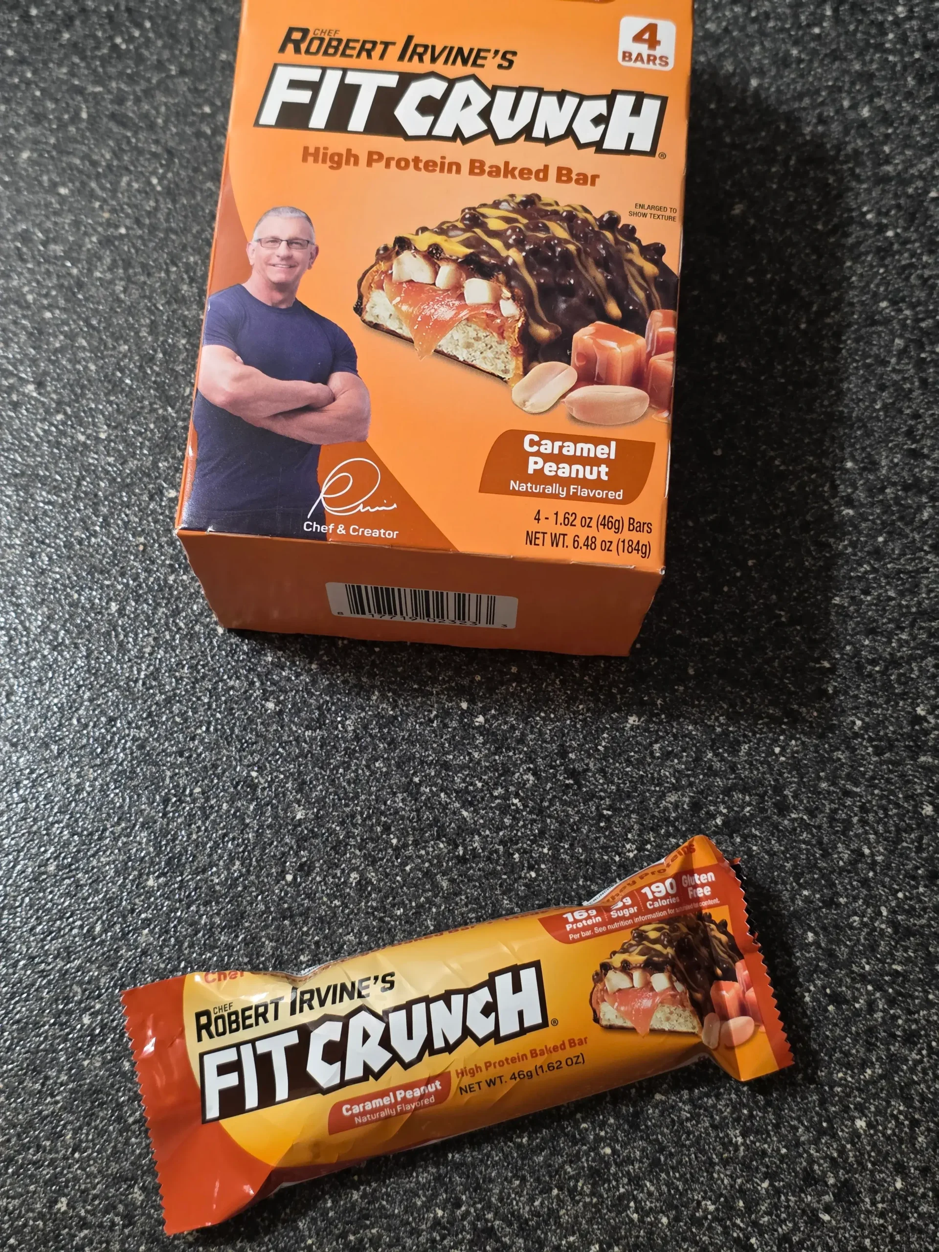Robert Irvine's FITCRUNCH Caramel Peanut Protein Bar. 
