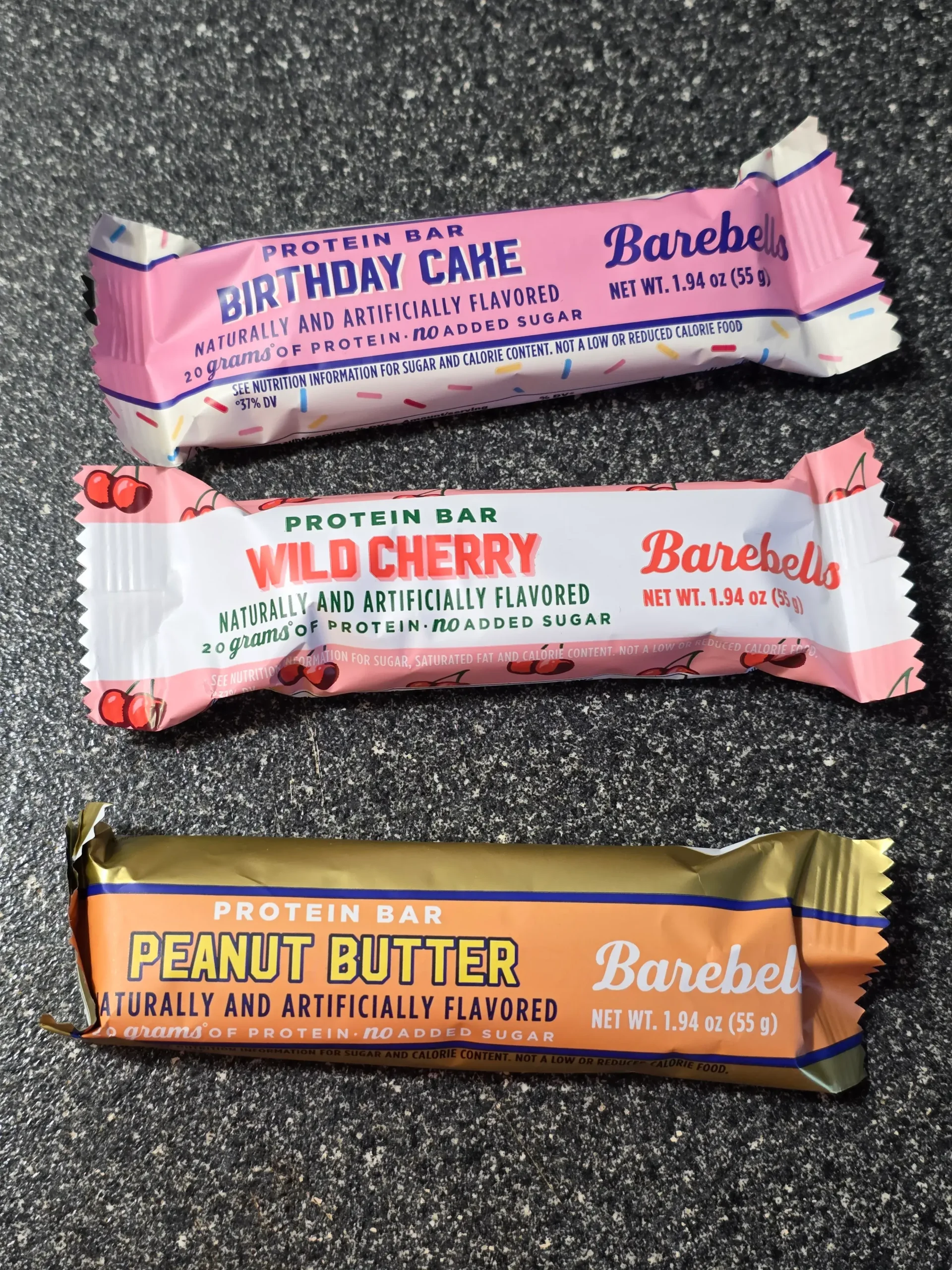 Barebells Protein Bars: Birthday Cake, Wild Cherry, and Peanut Butter.