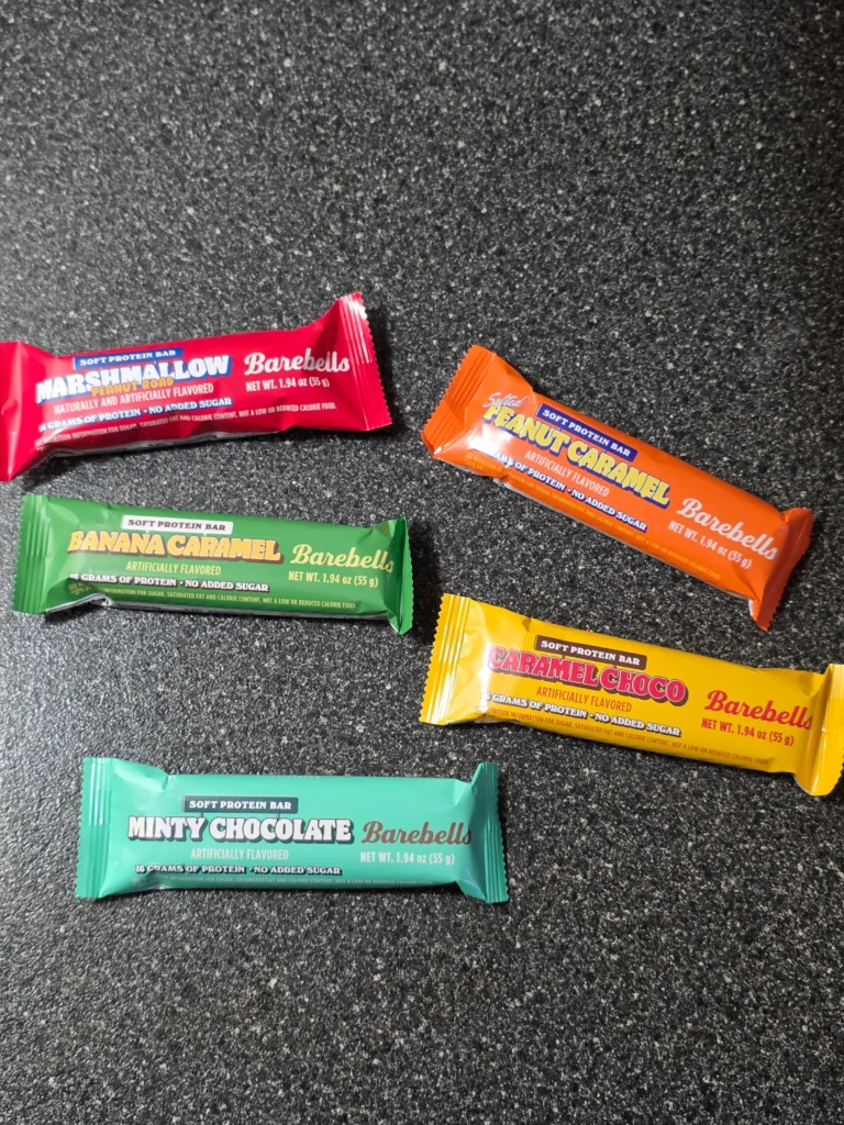 Barebells Soft Protein Bar: Marshmallow Peanut Road, Salted Peanut Caramel, Banana Caramel, Caramel Choco, and Minty Chocolate.