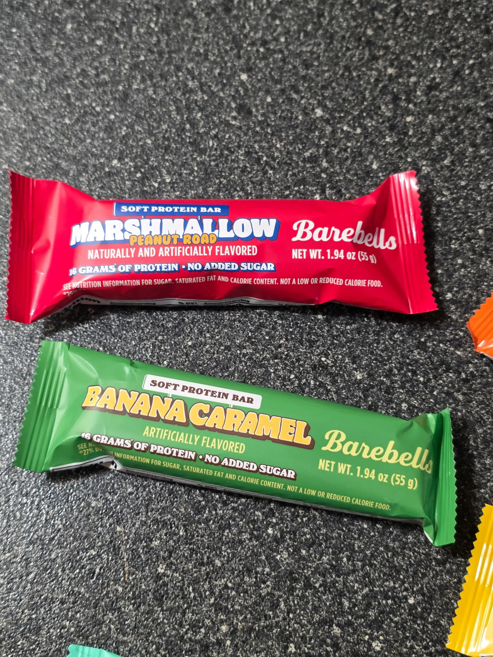 Barebells Soft Protein Bar: Marshmallow Peanut Road, Salted Peanut Caramel, Banana Caramel, Caramel Choco, and Minty Chocolate.