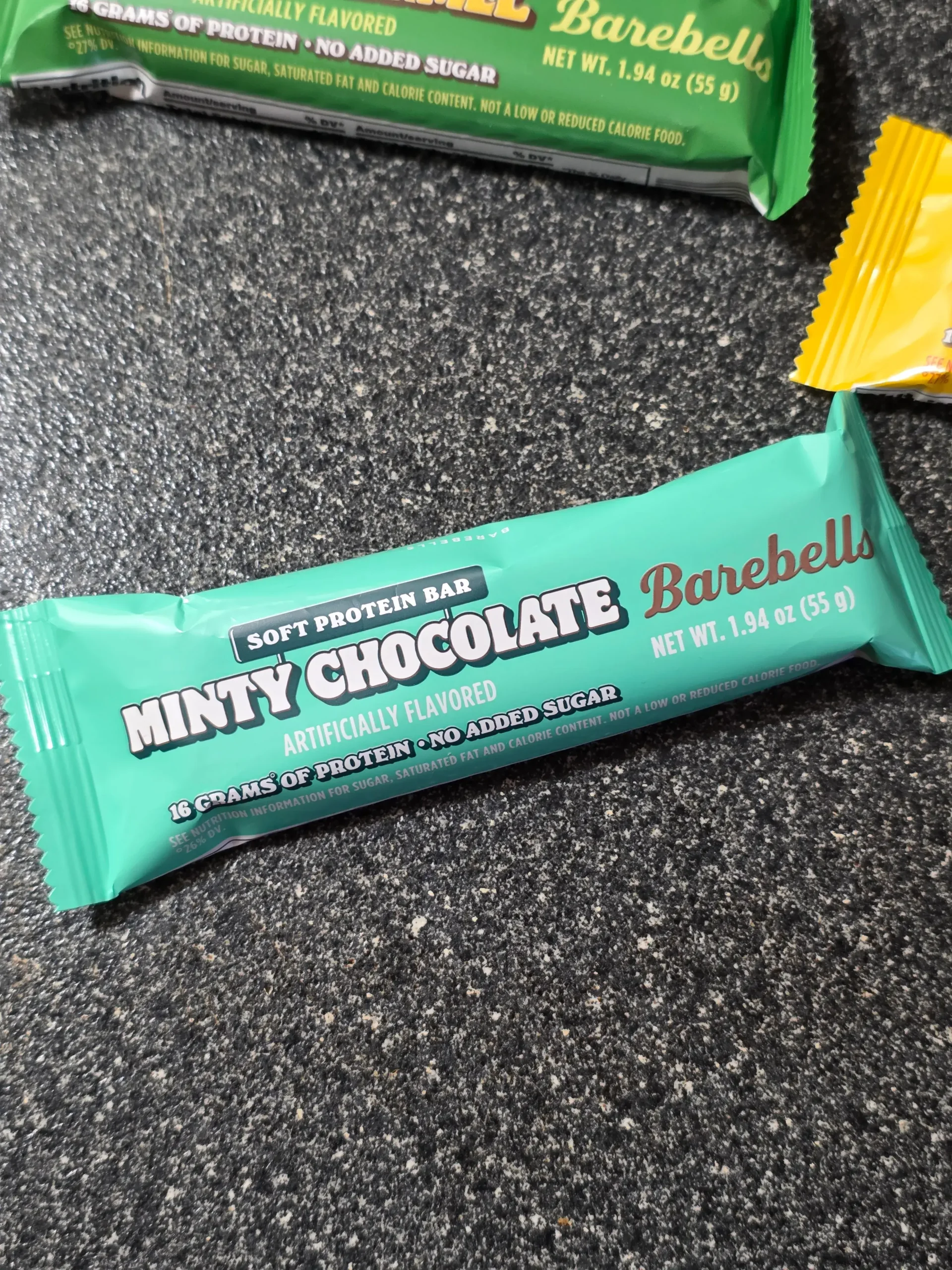 Barebells Soft Protein Bar: Marshmallow Peanut Road, Salted Peanut Caramel, Banana Caramel, Caramel Choco, and Minty Chocolate.