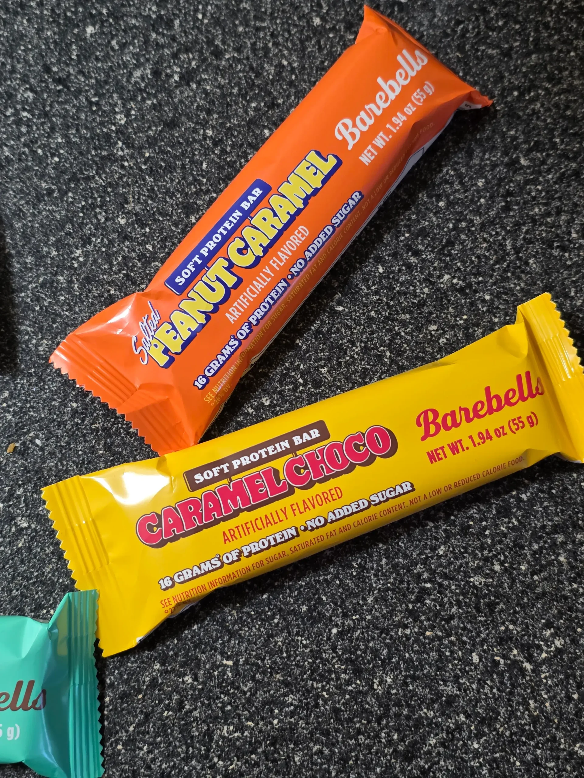 Barebells Soft Protein Bar: Marshmallow Peanut Road, Salted Peanut Caramel, Banana Caramel, Caramel Choco, and Minty Chocolate.