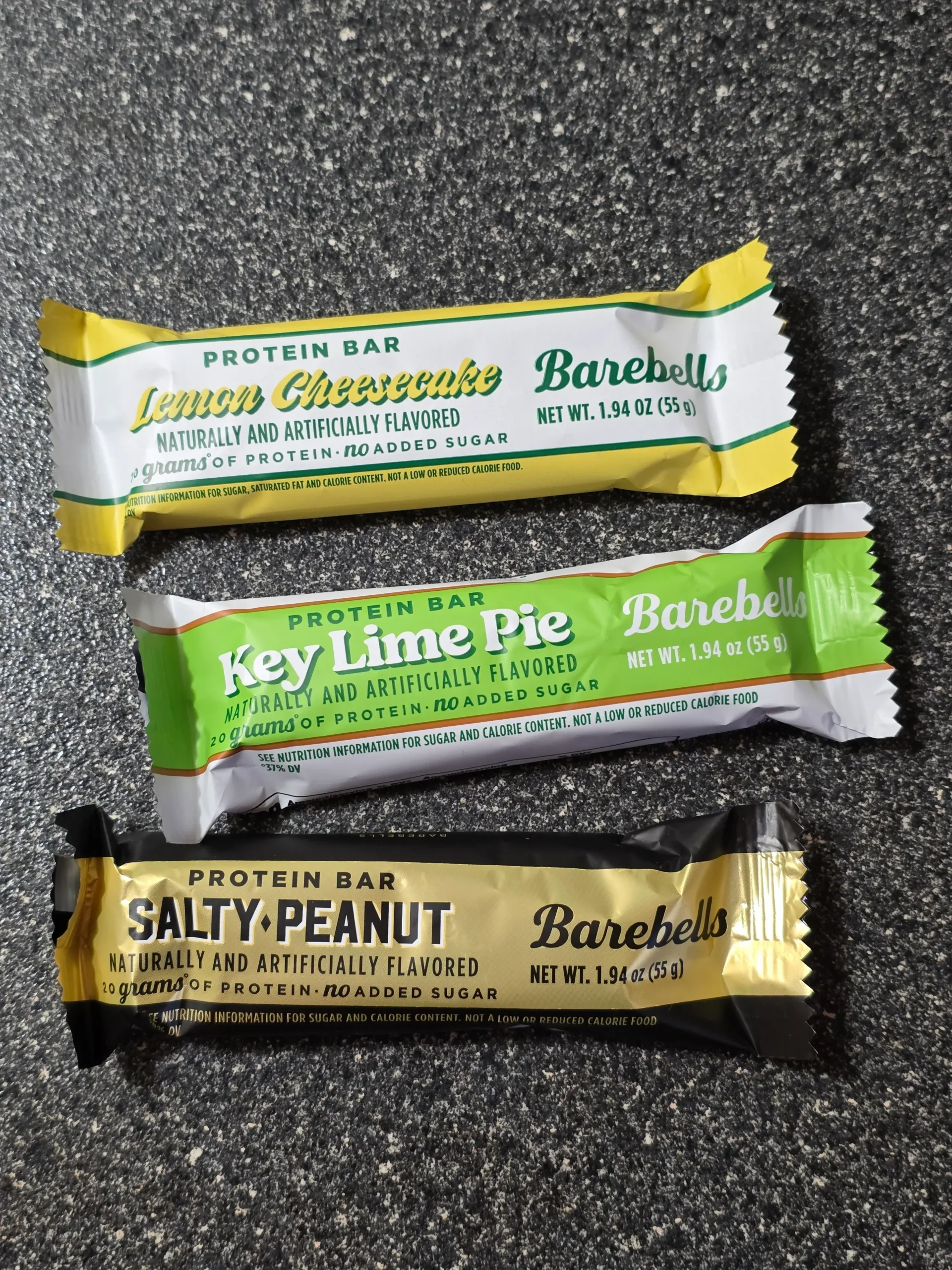 Barebells Protein Bar: Lemon Cheesecake, Key Lime Pie, and Salty Peanut.