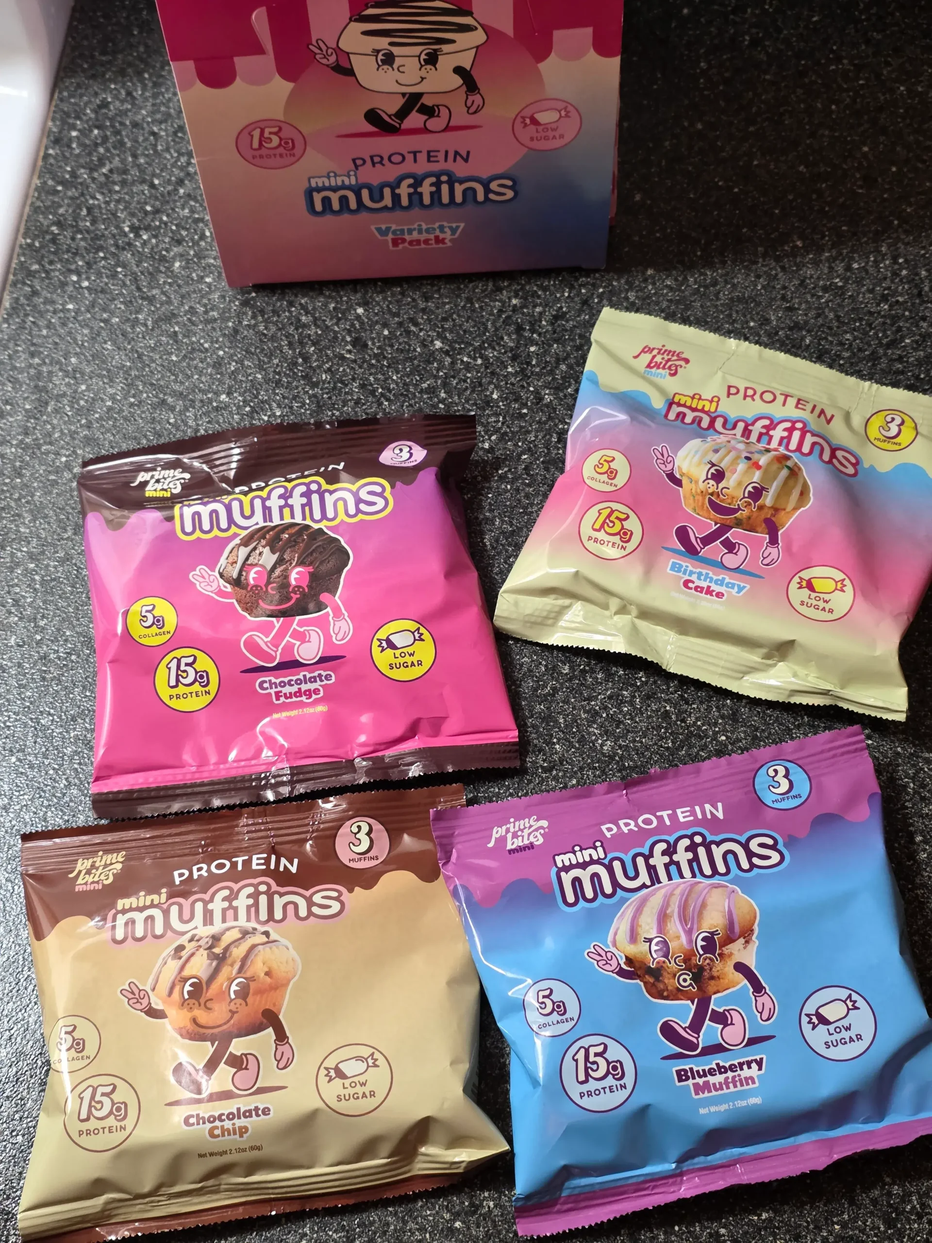 Prime Bites Protein Mini Muffins and Variety pack: Blueberry Muffin, Chocolate Chip, Birthday Cake, and Chocolate Fudge.
