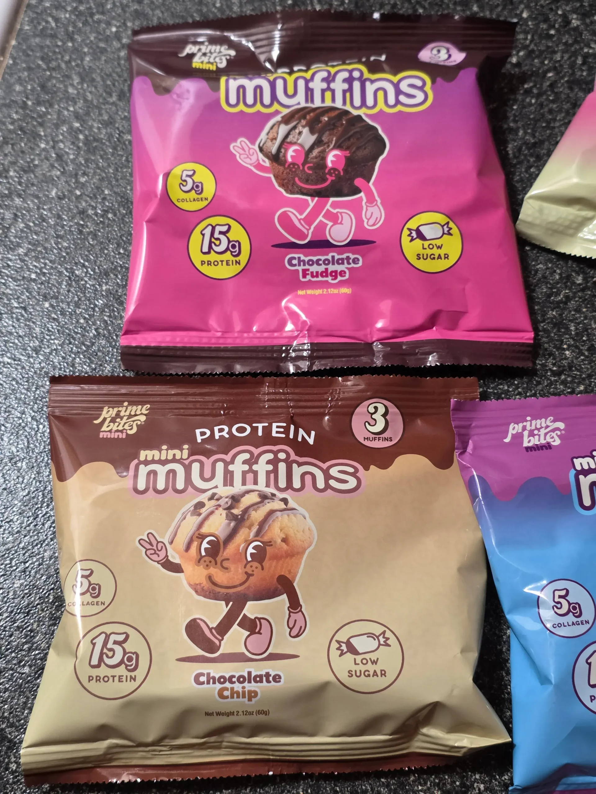 Prime Bites Protein Mini Muffins and Variety pack: Blueberry Muffin, Chocolate Chip, Birthday Cake, and Chocolate Fudge.