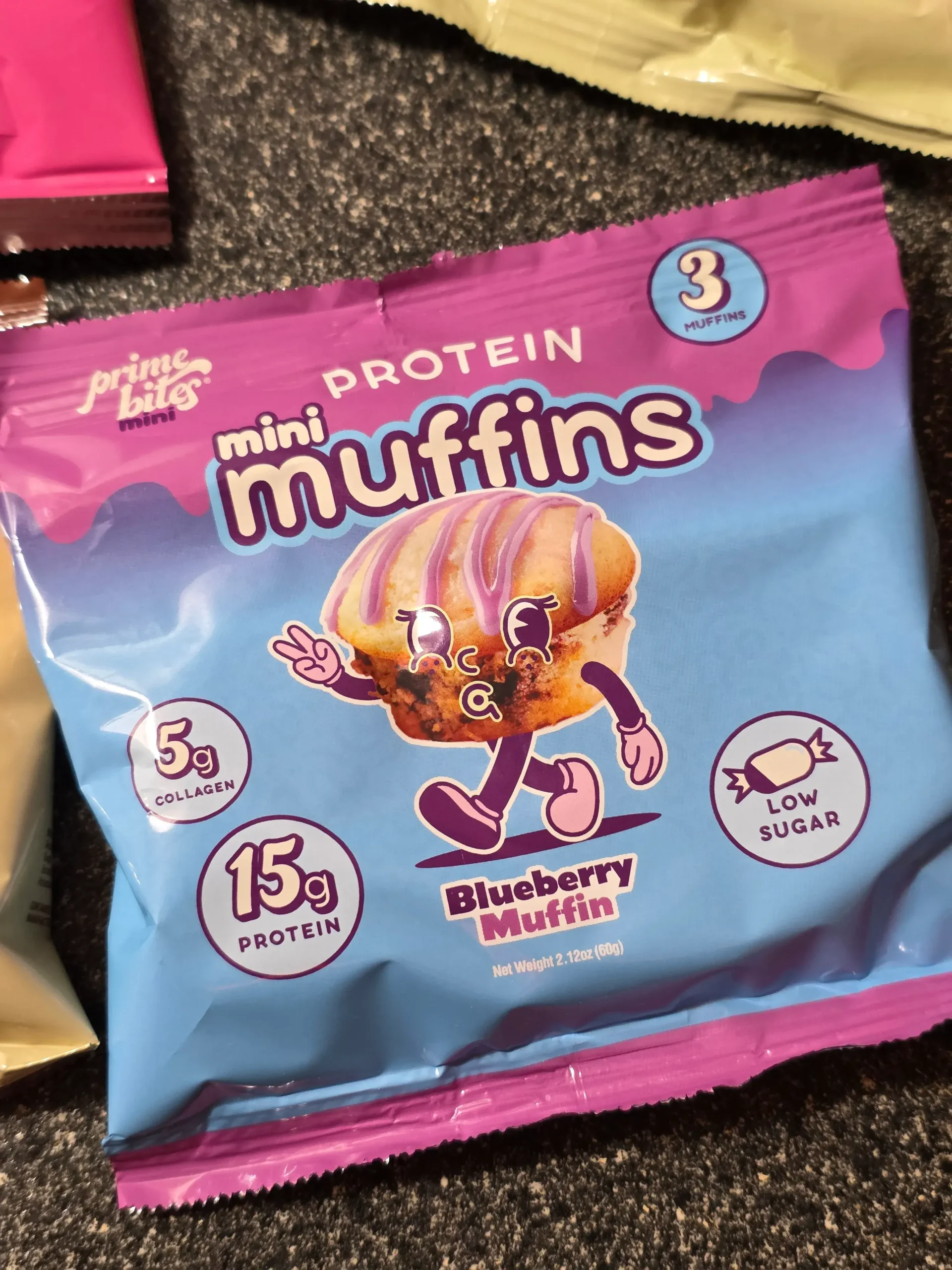 Prime Bites Protein Mini Muffins and Variety pack: Blueberry Muffin, Chocolate Chip, Birthday Cake, and Chocolate Fudge.