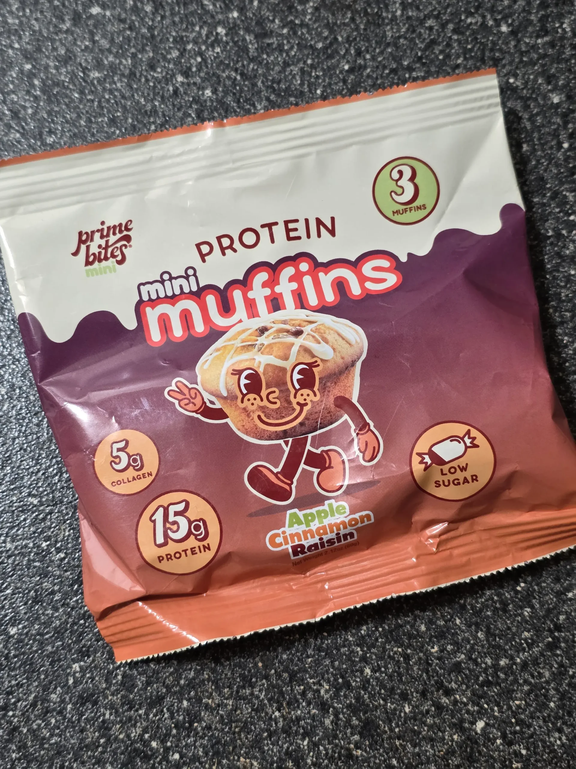 Prime Bites Protein Mini Muffins Apple Cinnamon Raisin.