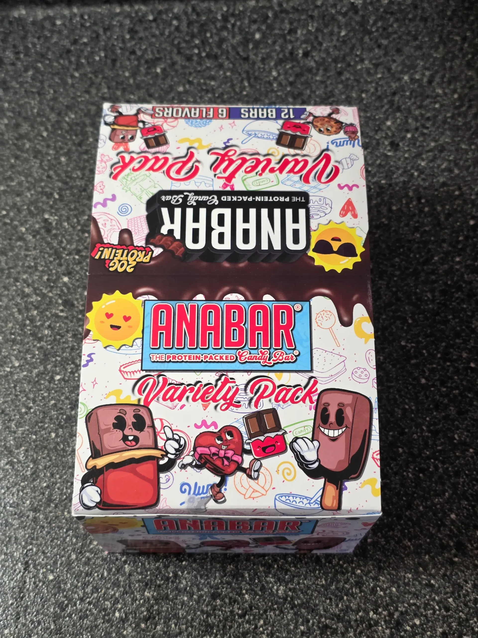 Anabar Variety Pack: Fluff n' Butter, Death by Peanut Butter, Triple Chocolate Wasted, Monster Cookie Crunch, Milk Chocolate Campfire S'mores, and White Chocolate Cookies & Cream.