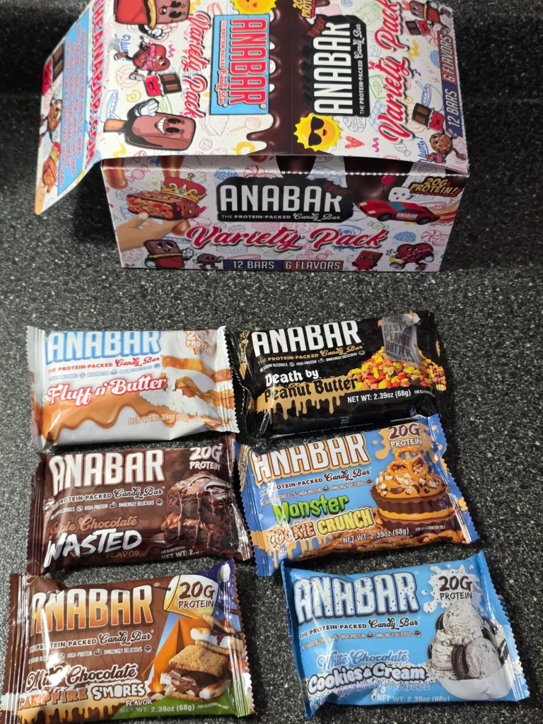 Anabar Variety Pack: Fluff n' Butter, Death by Peanut Butter, Triple Chocolate Wasted, Monster Cookie Crunch, Milk Chocolate Campfire S'mores, and White Chocolate Cookies & Cream.