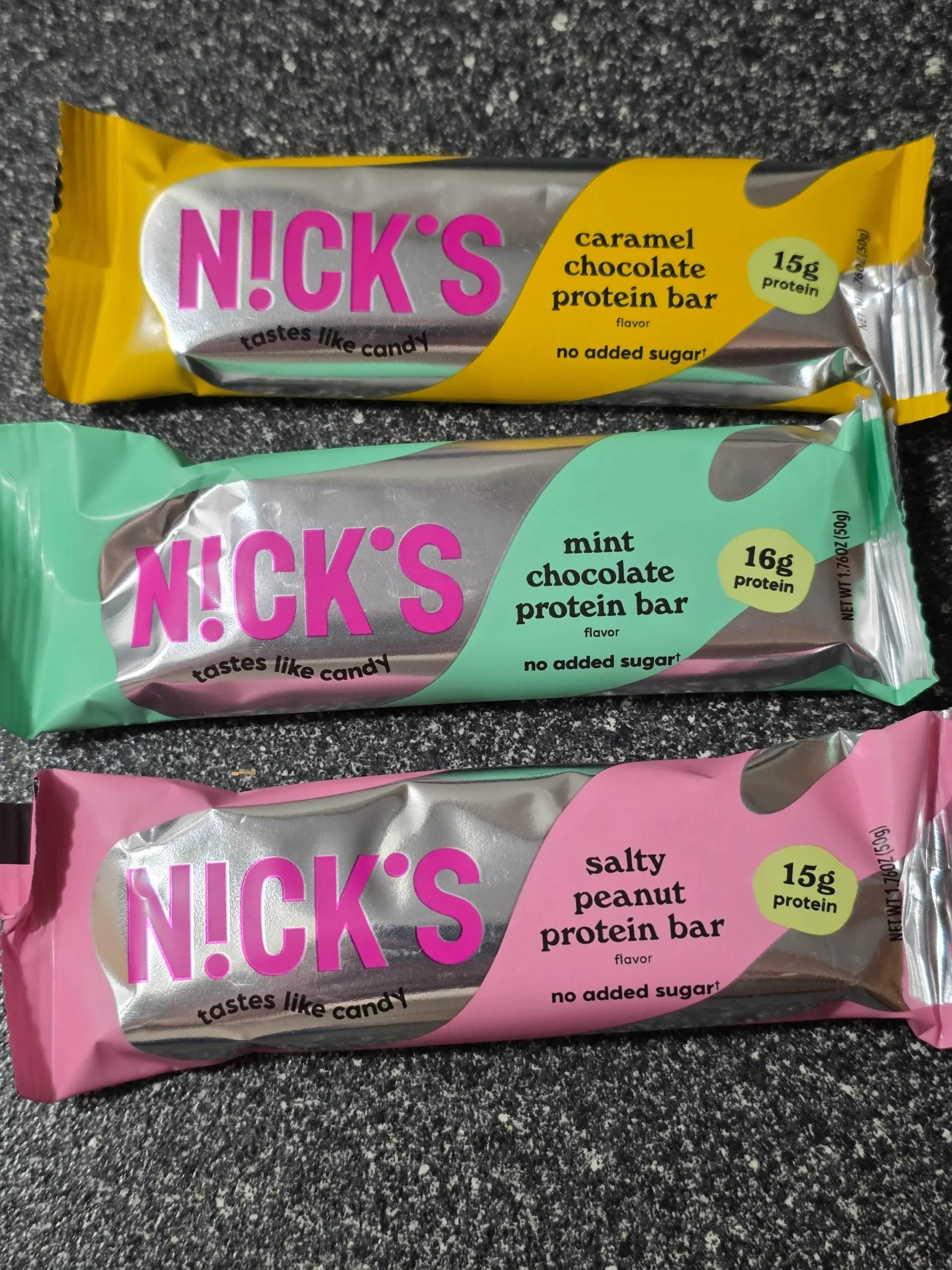 Nick's / N!ck's Protein Bar: Crispy Cookie, Triple Chocolate, Caramel Chocolate, Mint Chocolate, and Salty Peanut.